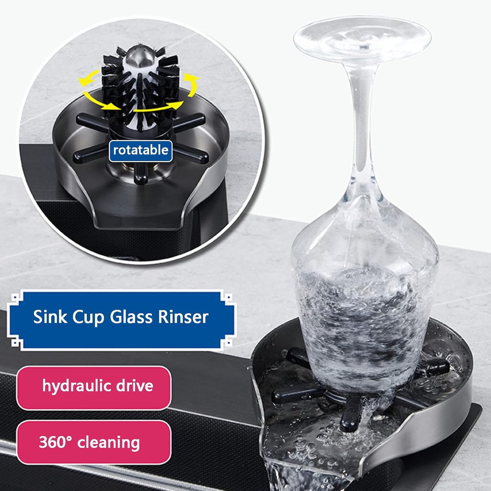 Enjuagador De Vasos para Fregadero De Cocina, Lavavasos De Acero Inoxidable, Lavador Automático para Vasos Y Botellas, con Cepillo, Accesorios para Fregaderos De Cocina