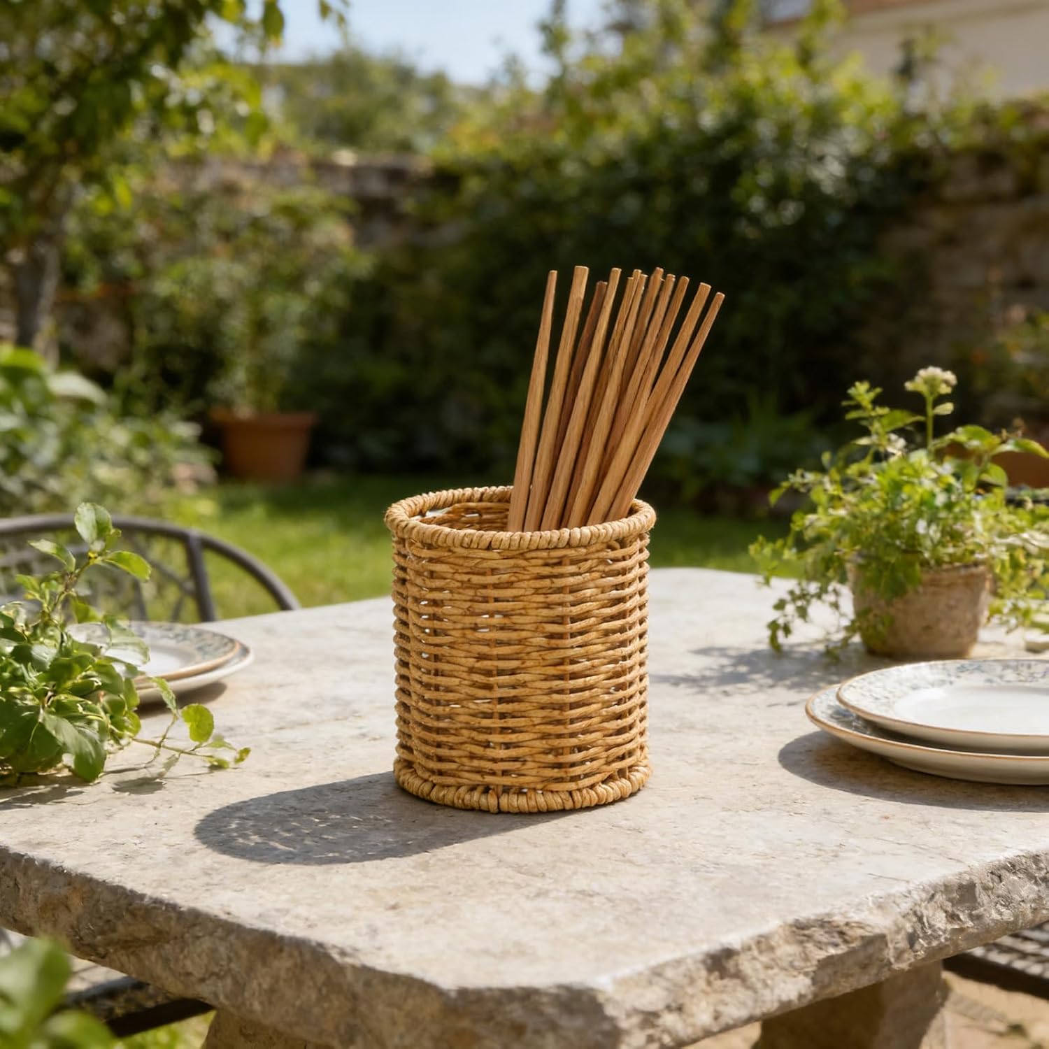 Rustic Wicker Style Chopsticks Holder for Kitchen Counter Storage Brown
