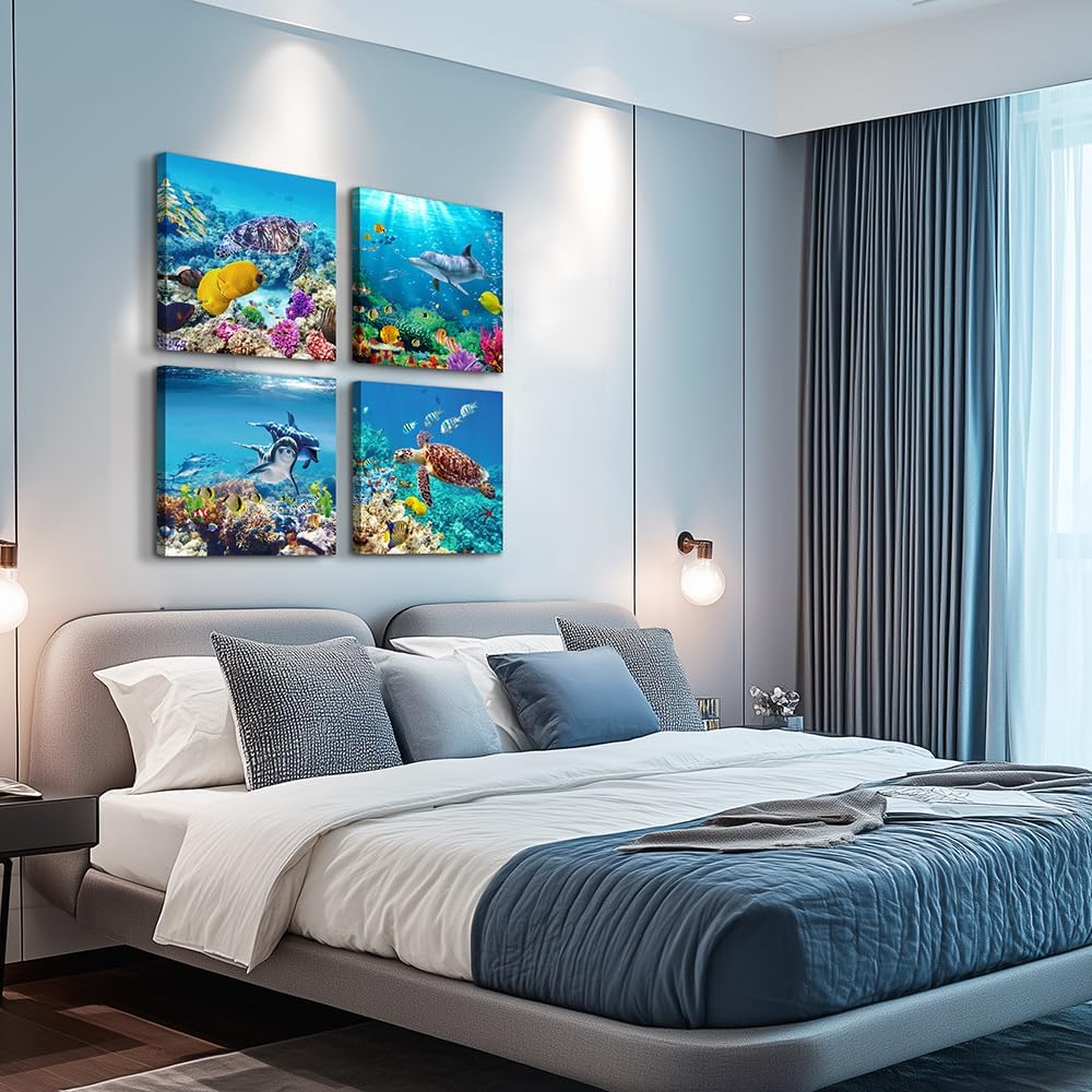 MHARTK66 Canvas Wall Art - Coral and Fish Modern Home Decor Stretched and Framed Ready to Hang Ocean Theme Sea fish and sea turtles Mediterranean Style Canvas Prints The bathroom wall decor- 4 Panels