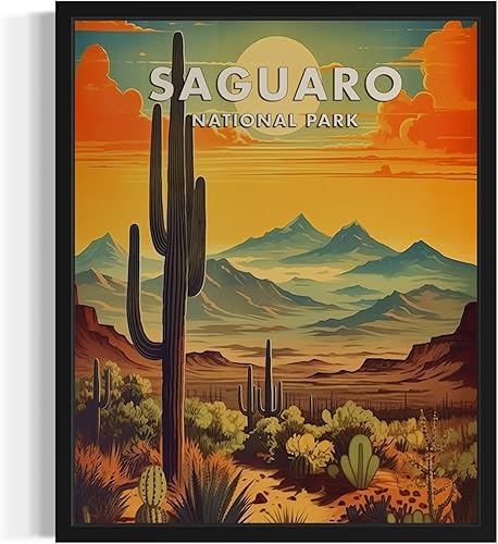 Póster del Parque Nacional Saguaro impresión artística retro de montaña y lago, arte de pared, decoración vintage, paisaje natural, imagen para