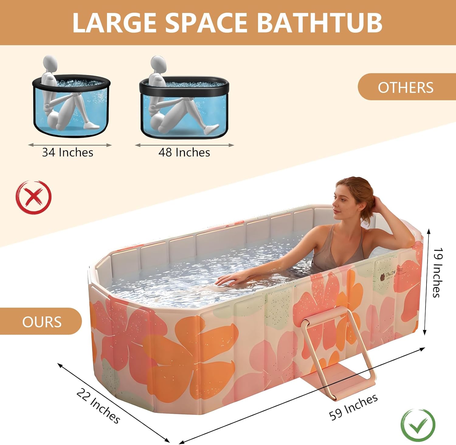 jessie 59" portable bath tubs adult, foldable bathtub, hot & cold plunge tub ice bath tub fo home indoor & outdoor showers orange xl(59.1''l x 33.9''wx 19.7''h)