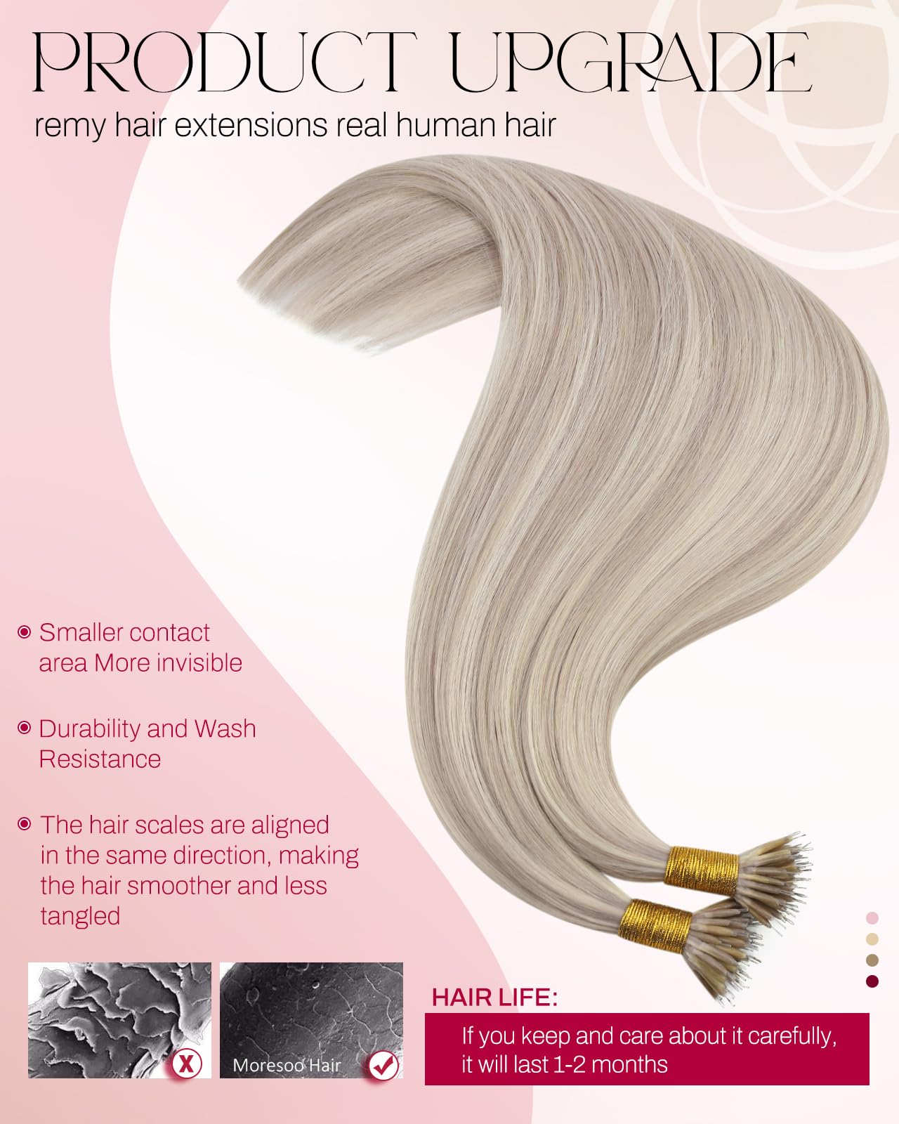 Moresoo Moresoo Blonde Nano Hair Extensions Human Hair Ash Blonde with Platinum Blonde Nano Beads Human Hair Extensions 18 Inch Blonde Nano Ring Hair Extensions 1g/s 50g/Pack #P18/613 in use