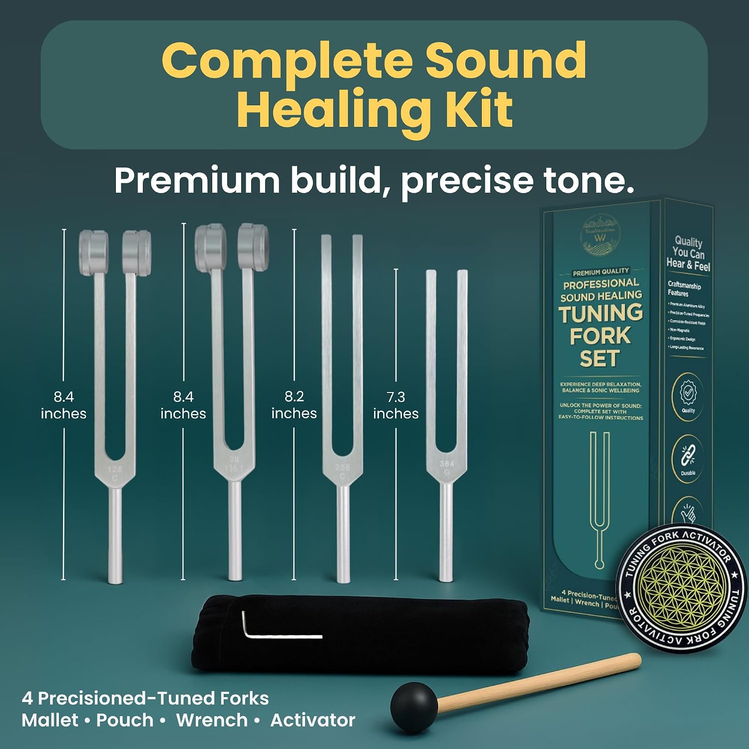 Tuning Forks for Healing Set | 128Hz, 136Hz, 256Hz, 384Hz | Precision Sound Healing Instruments for Chakra Balancing, Meditation & Tone Therapy | 4 Tuning Forks, Reflex Hammer, Activator and Pouch