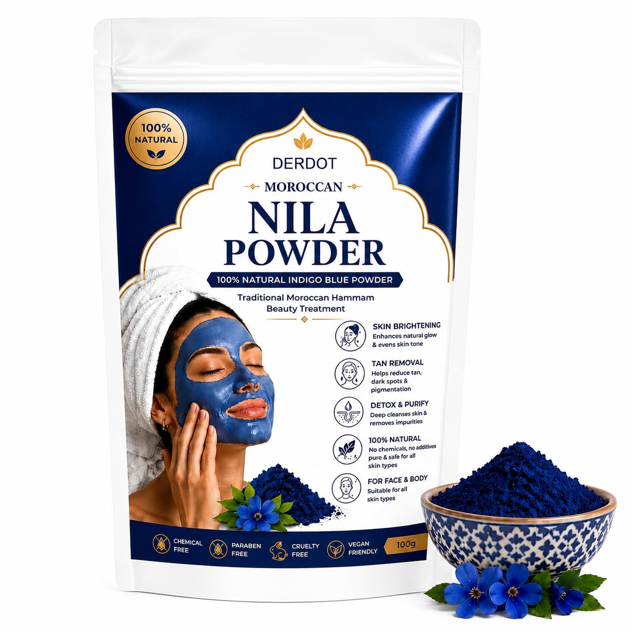Moroccan Nila Powder For face (100gm) – 100% Natural Indigo Blue Powder for Skin Brightening, Tan Removal & Detox | Traditional Moroccan Hammam Beauty Treatment | Face & Body Care (100gm)-image-47