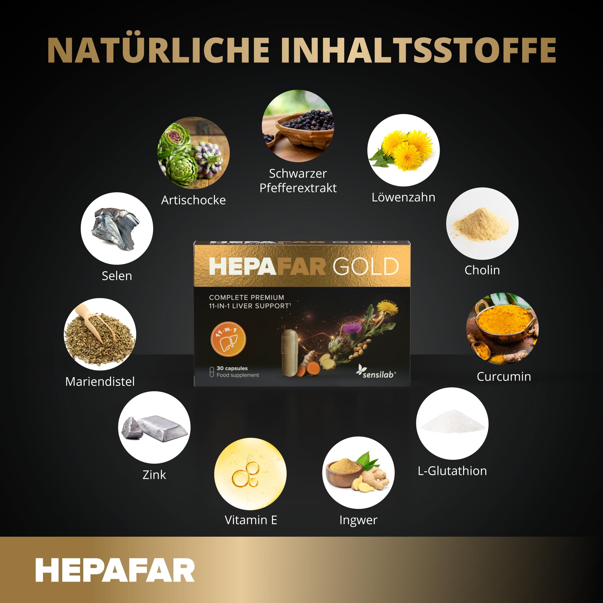Hepafar Gold Premium mit Glutathion, Kurkuma, Mariendistel, Cholin, Artischocke und Ingwer – Nahrungsergänzungsmittel für die Leber, 60 Kapseln, von Sensilab