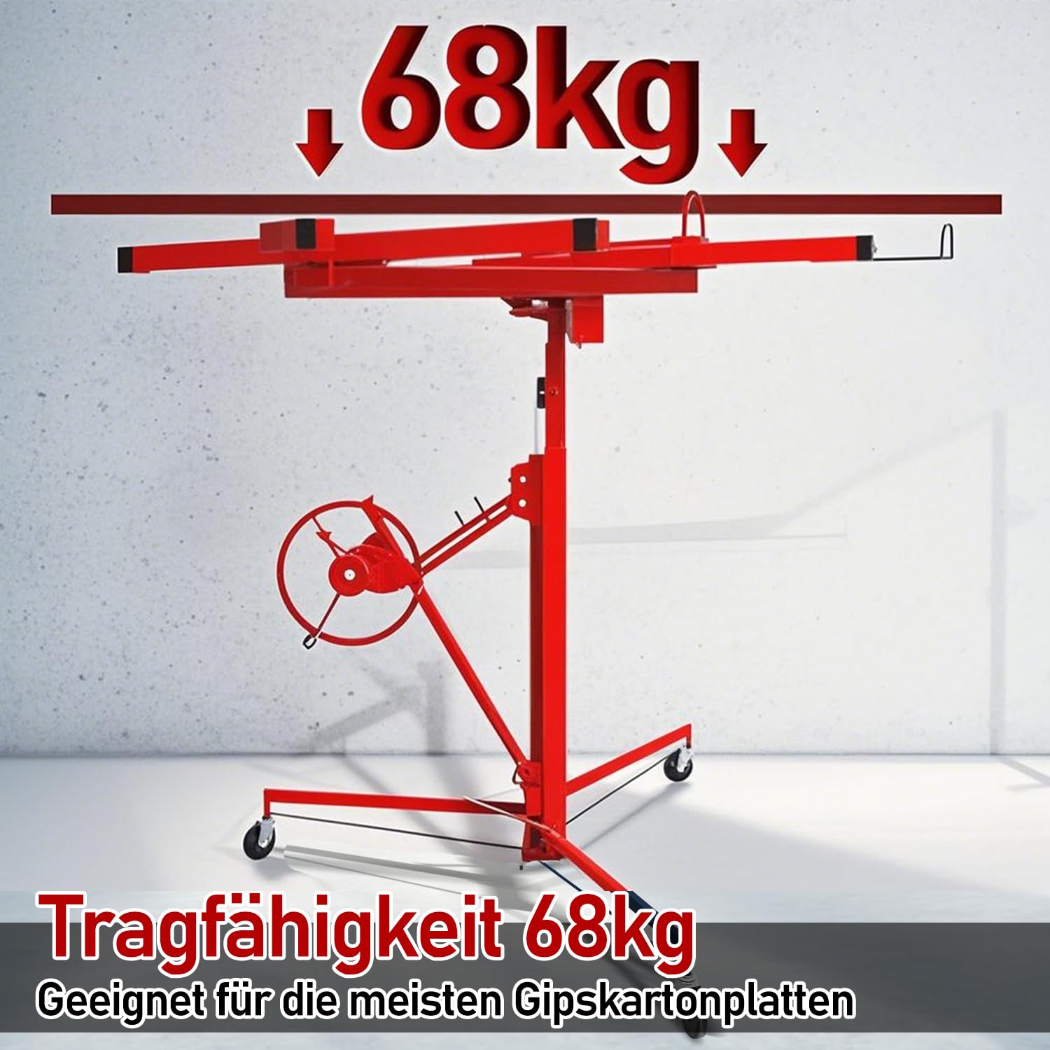 Ikodm Sollevatore pieghevole XXL per lastre di cartongesso, sollevatore di lastre fino a 68 kg, altezza 132-335 cm, larghezza massima 294 cm, 3 ruote con freno di stazionamento, 60 regolazione