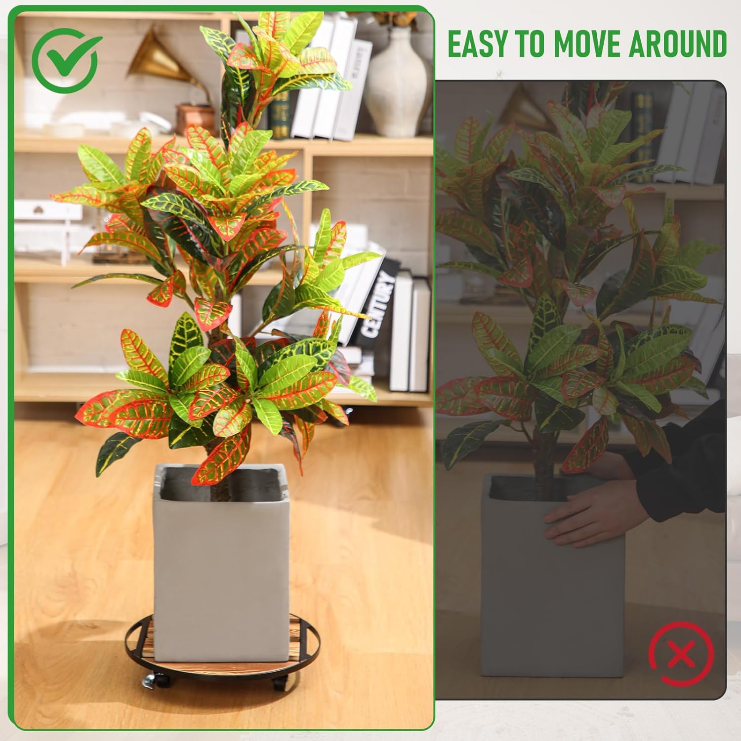 Shellwei 2 Pack 12'' Wood Metal Plant Stand with Wheel Heavy Duty 400 lbs Rolling Plant Stand Wooden Round Plant Dolly Rollers with Lockable Casters Plant Roller Indoor Outdoor Patio Flower Plant Pot