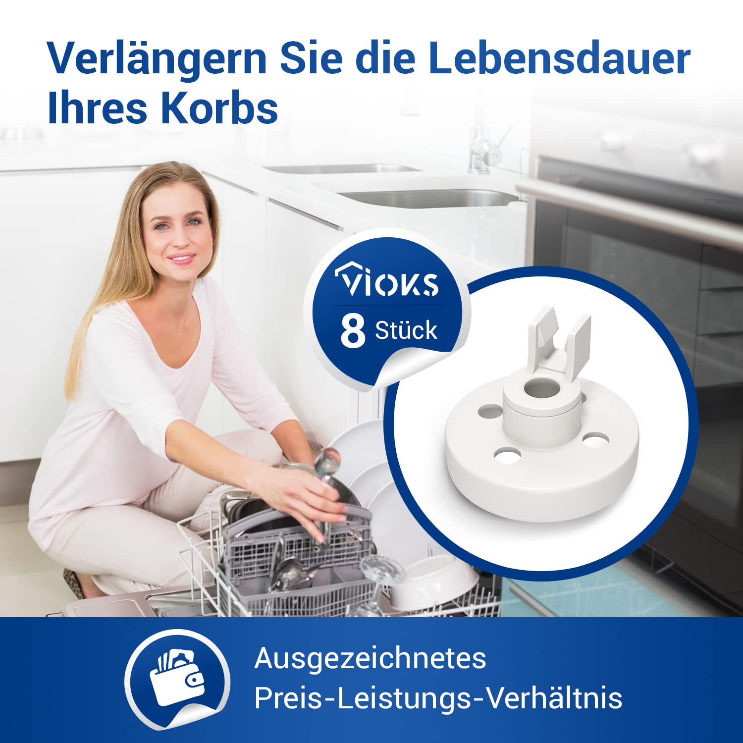 VIOKS Rolki koszyka do zmywarki do naczyń, 8 sztuk, zamienniki do zmywarki Bosch 00066320 - kółka do zmywarki do naczyń marki Siemens