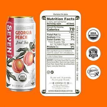 SevenTeas Georgia Peach Iced Tea, 16 OZ (Pack of 12 Cans), Lightly Sweetened Organic Iced Tea