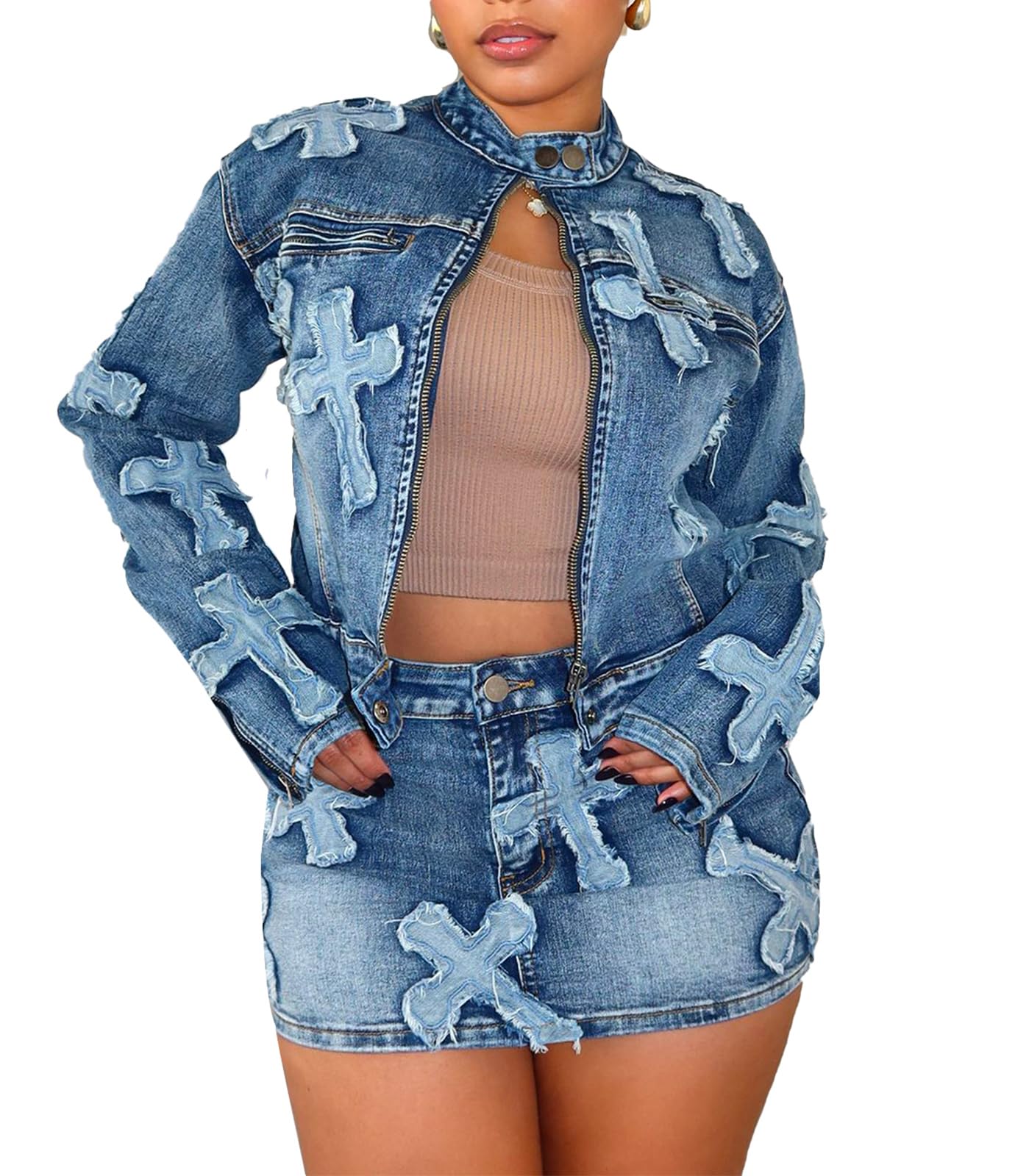 Angsuttc Skirt Sets Women 2 Piece Outfits Denim Cross Patch Zip Up Long Sleeve Cropped Jean Jacket Mini Skirt Set