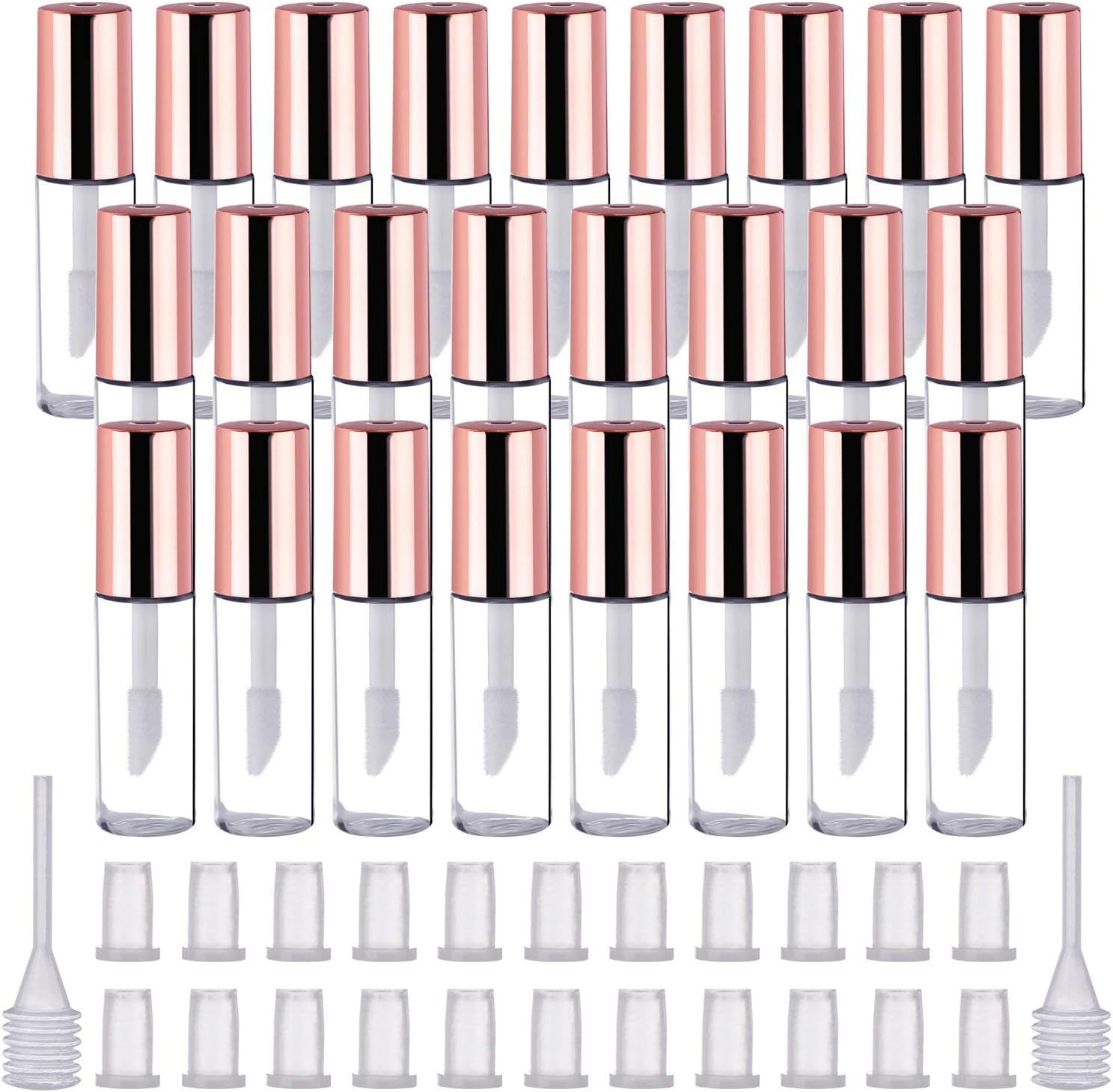 25 Pack Empty Lip Gloss Tubes Containers, Clear Mini Refillable Lip Balm Bottles with Rubber Inserts and Transfer Pipettes for Lip Samples Travel Split Charging DIY Makeup (1.2 ML, Rose Gold)