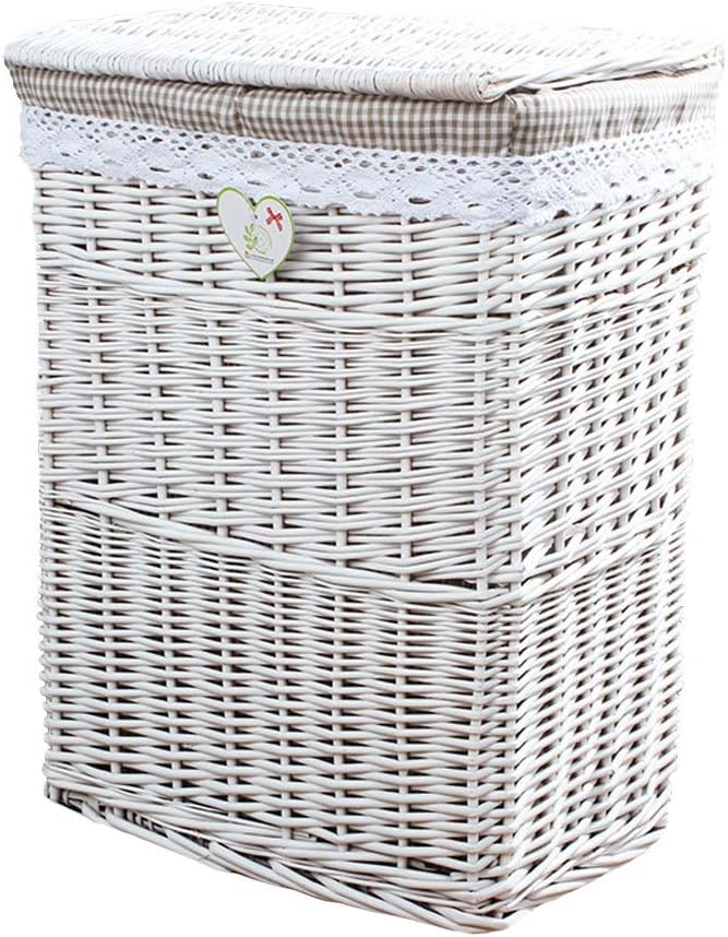 Laundry Hamper Basket Wicker,Clothes Storage Bag Sorter Bin Bucket Household Organizer Lid with Cloth Lining (Color : White)