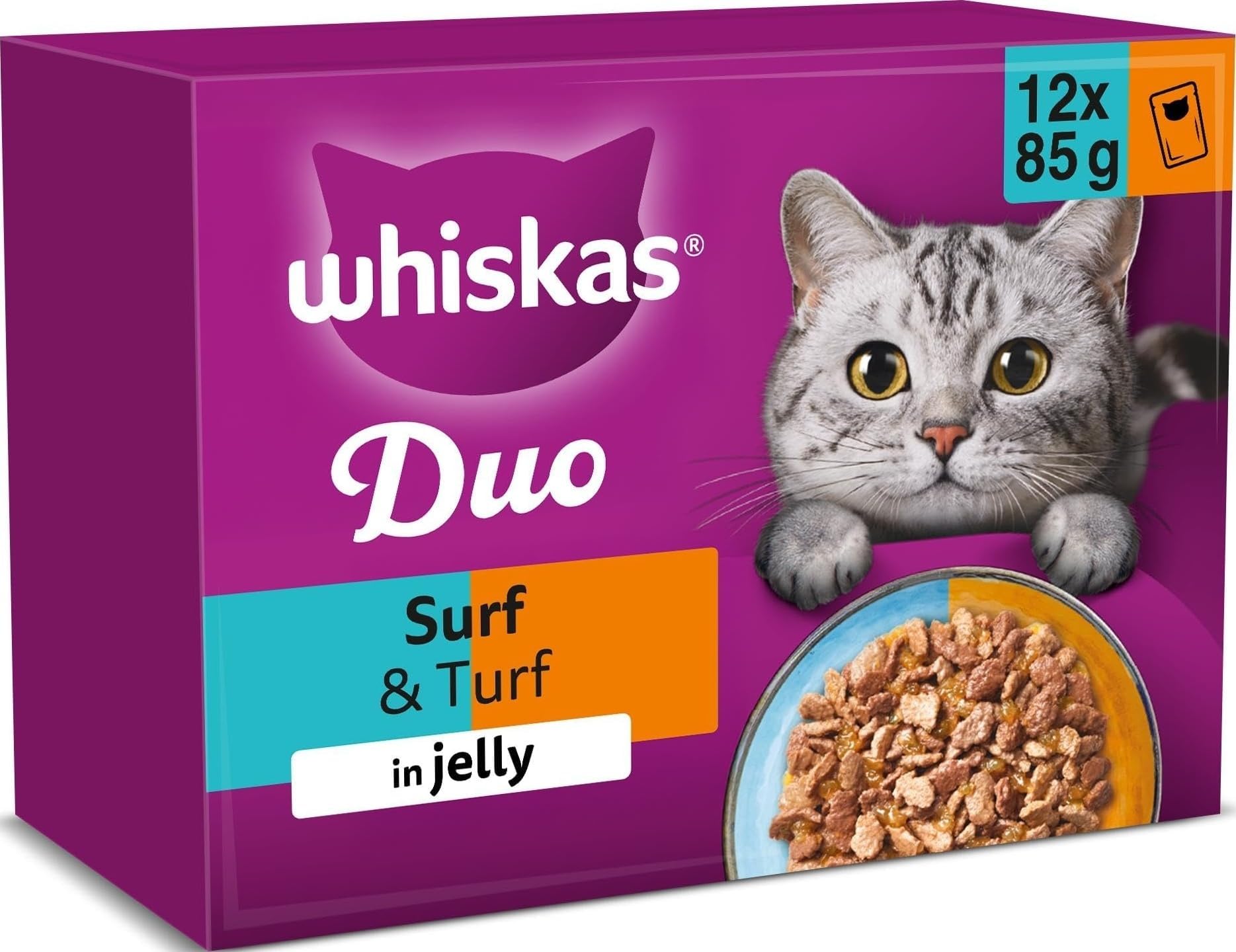 WHISKAS DUO Adult Wet Cat Food in Jelly 12x85g Surf & Turf (Pack of 4)