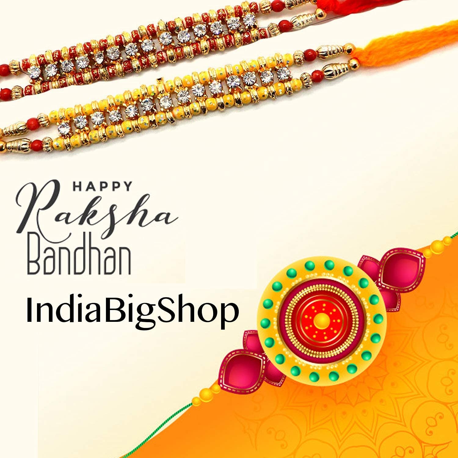 Designer Rakhi Set For Brother - Stone & Rudraksha Design, Traditional Raksha Bandhan Thread (Set Of 2)