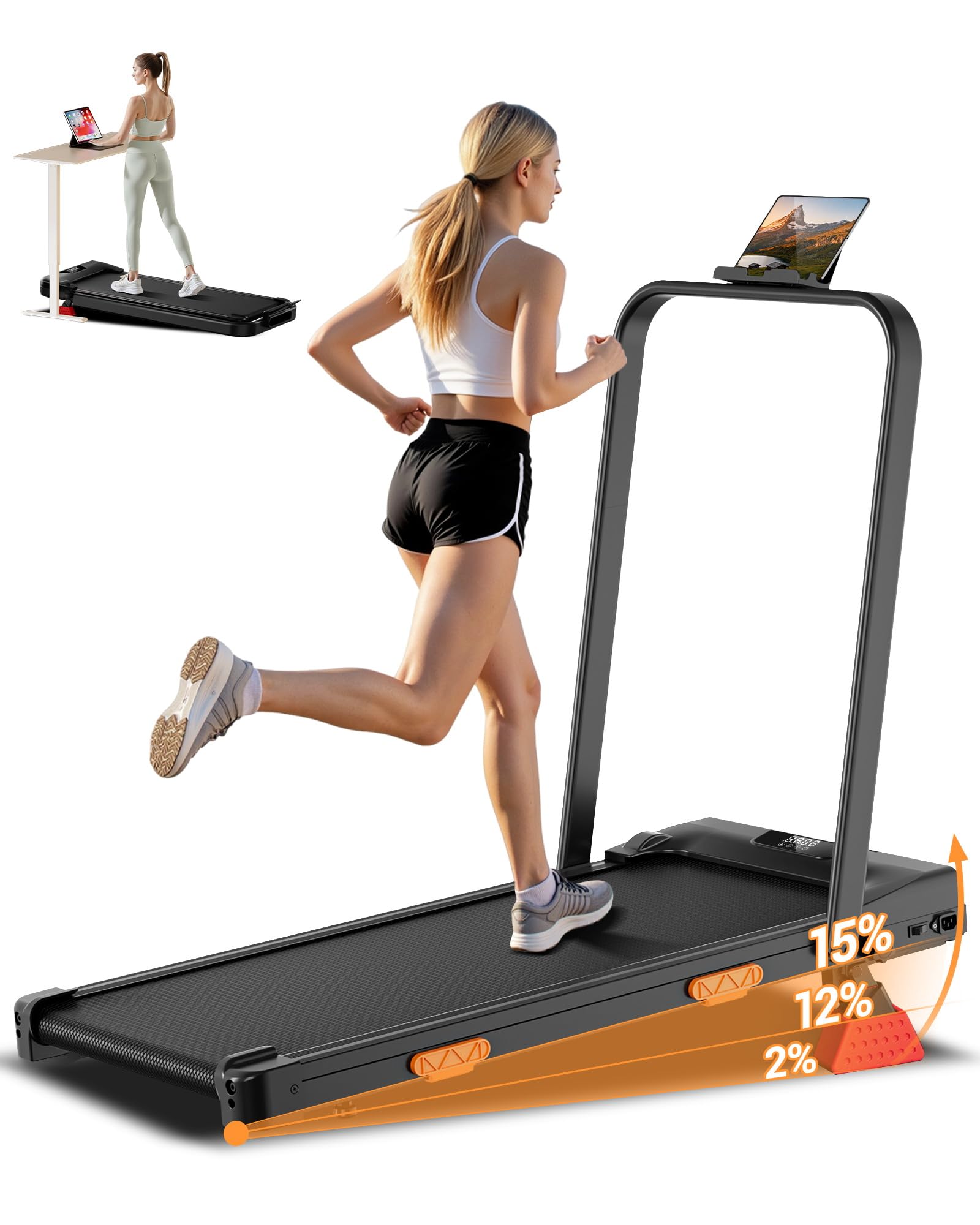 LONTEK Laufband für Zuhause klappbar, Laufband mit Steigung für Zuhause 15%, kompaktes Walking Pad mit Steigung max. Belastung 159 kg, Fernbedienung
