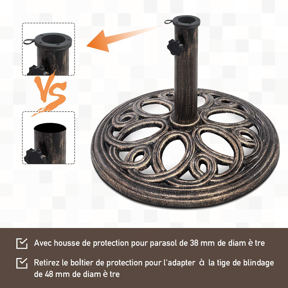 COSTWAY Pied de Parasol Rond en Fonte pour Mât ∅38-48mm