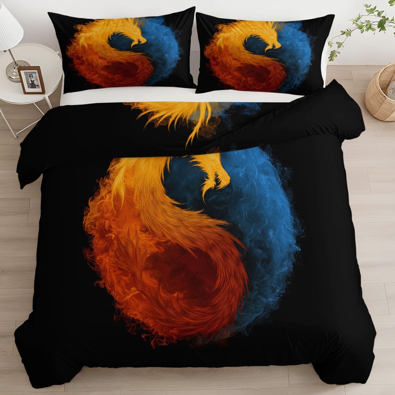 Fantasy Arts pościel 180 x 200 cm, poszewka na poduszkę, Yin Yang, zwierzęta, smok, ogień, lód, miękka pościel dla dzieci, młodzieży, komplet pościeli z mikrofibry, z zamkiem błyskawicznym, ciepła i