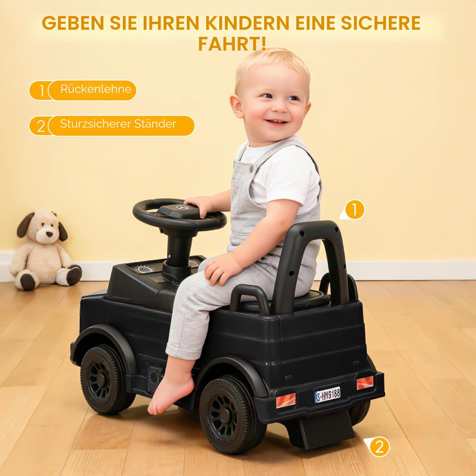 TCARAIWEN Kinder Rutschauto Mercedes-Benz Unimog Lizenz, Fuß-zu-Boden Rutscher für Kleinkinder 1-2 Jahre, Baby Rutscherauto mit Sicherheitsbügel (Schwarz)