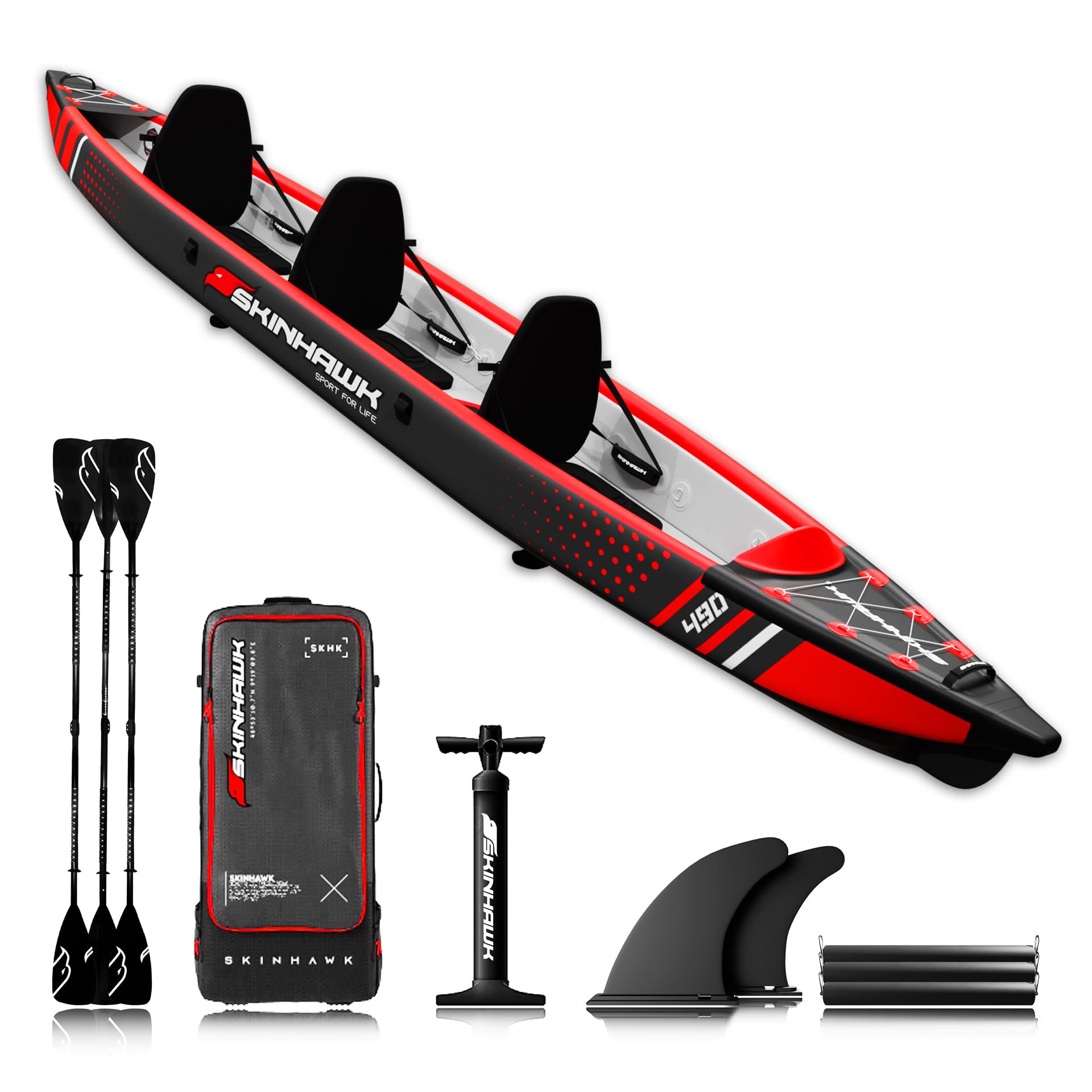 SKINHAWK Premium Drop Stitch Kajak 490 Rot, Schlauchboot, Kanu, zum Aufblasen, Adventure Kajak 490 x 85 cm