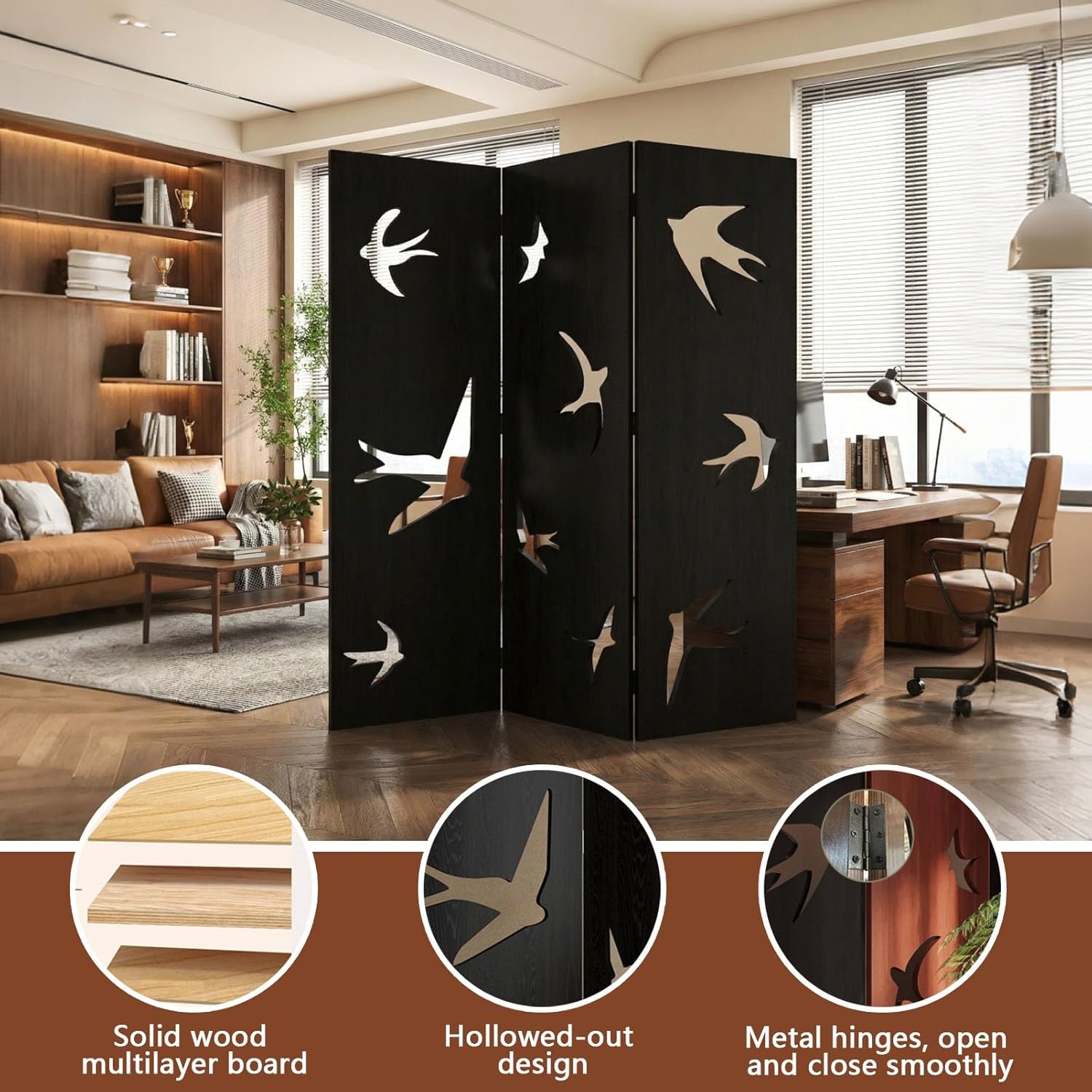 Wood Room Divider Panels, Indoor Hollow Out Wall Divider, 2/3/4/5 Panel Folding Privacy Screen, Decoration Partition Room Dividers for Home, Office, Restaurant, Black(2 Panel)