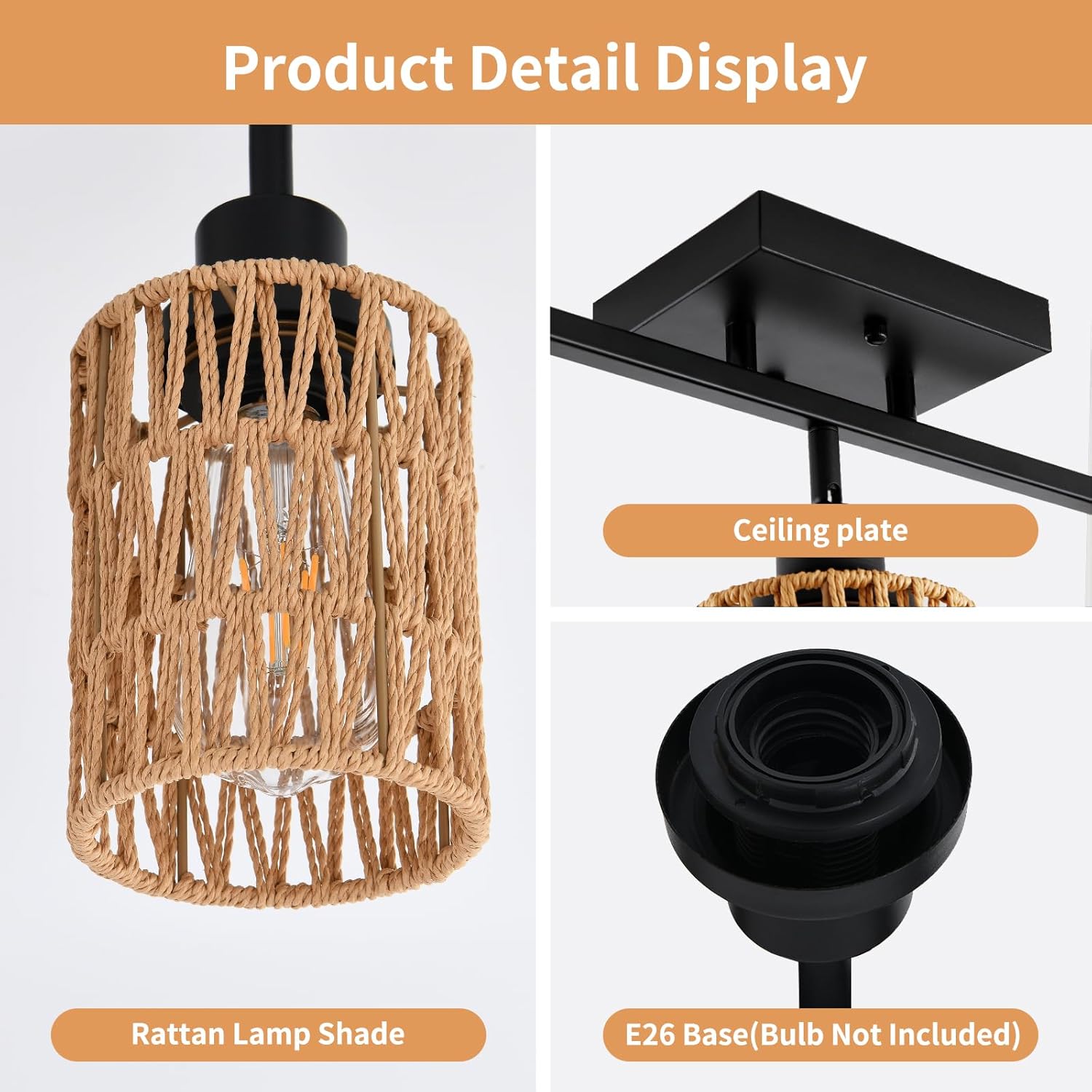 3-Light Rattan Ceiling Lighting Kits Track Lighting Fixture with Boho Farmhouse Style, Modern Bathroom Light Fixtures Black Spotlight and Rattan Shades for Kitchen Bathroom Living Room Hallway