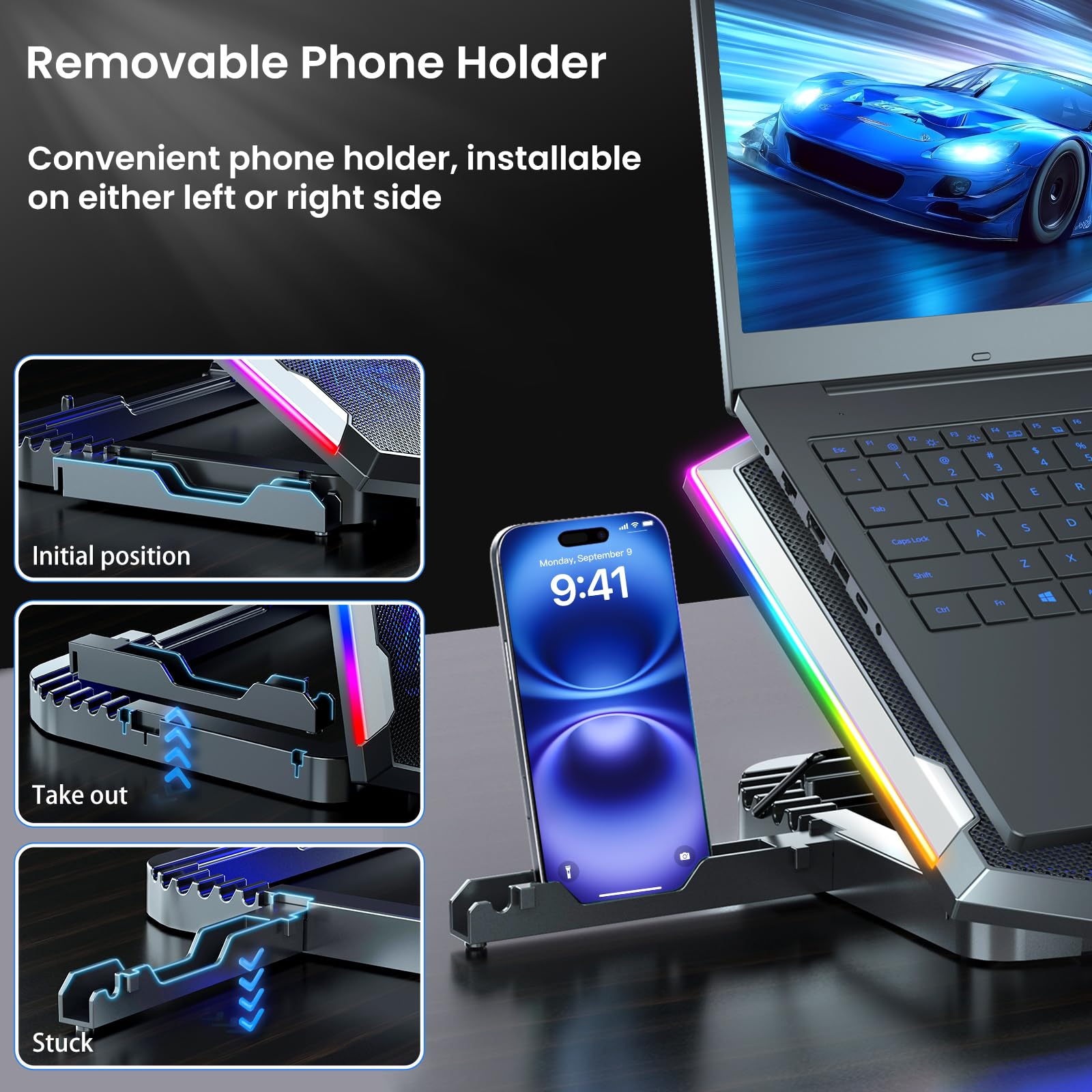 Laptop-Kühlpad mit 8 Kühlventilatoren, Kühlkissen für Gaming-Laptop-Lüfter 30,5-43,9 cm, Laptop-Kühlerständer mit 5 höhenverstellbaren Notebook-Kühler-Pads mit 2 USB-Anschlüssen