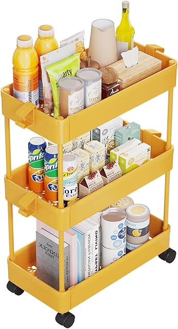 JIUYOTREE 3-Tier Storage Trolley,Utility Cart Standing Shelf Unit Organizer for Kitchen Bathroom Laundry Room and Narrow Places,Orange