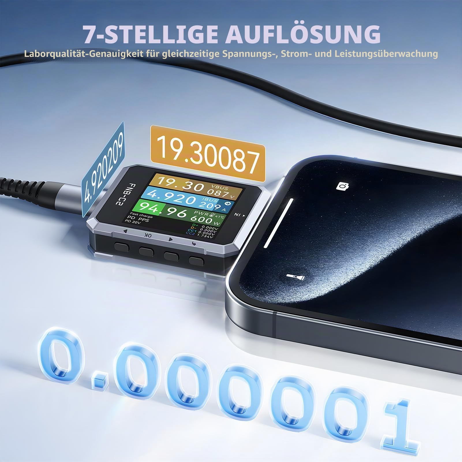 FNB-C2 USB C Messgerät, 4-50V 6.5A, USB Tester mit Anzeige PD3.1 | USB-Kabeltester Spannungs-Stromprüfer Multimeter, Kapazitäts- & Restwelligkeitsmessung mit App-Software, Schnellladeerkennung