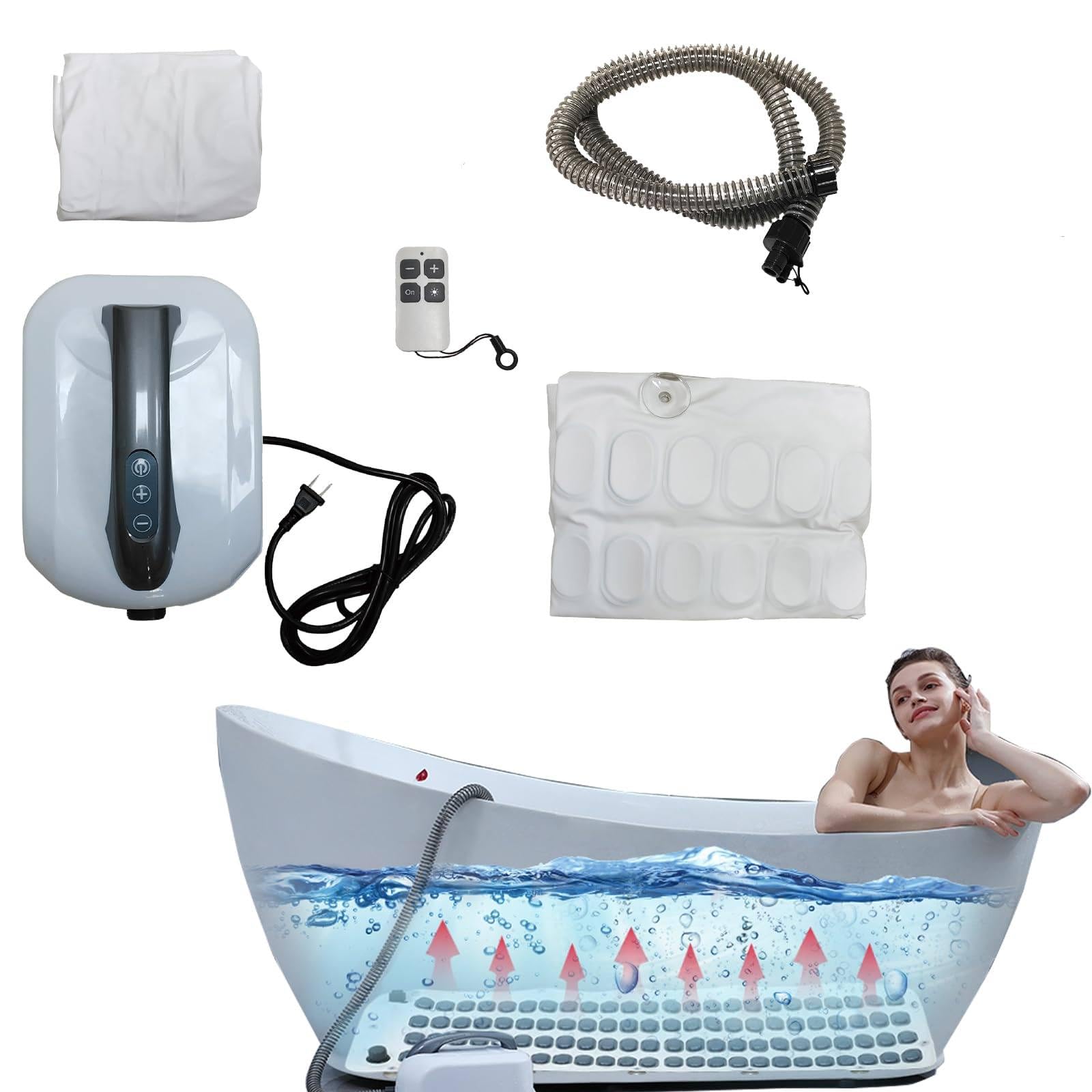 Massaggiatore portatile per bagnoschiuma, tappetino antiscivolo impermeabile spa con fondo a ventosa, tappetino vasca da bagno con telecomando e cuscino, pompa dell'aria elettrica e bolle regolabili