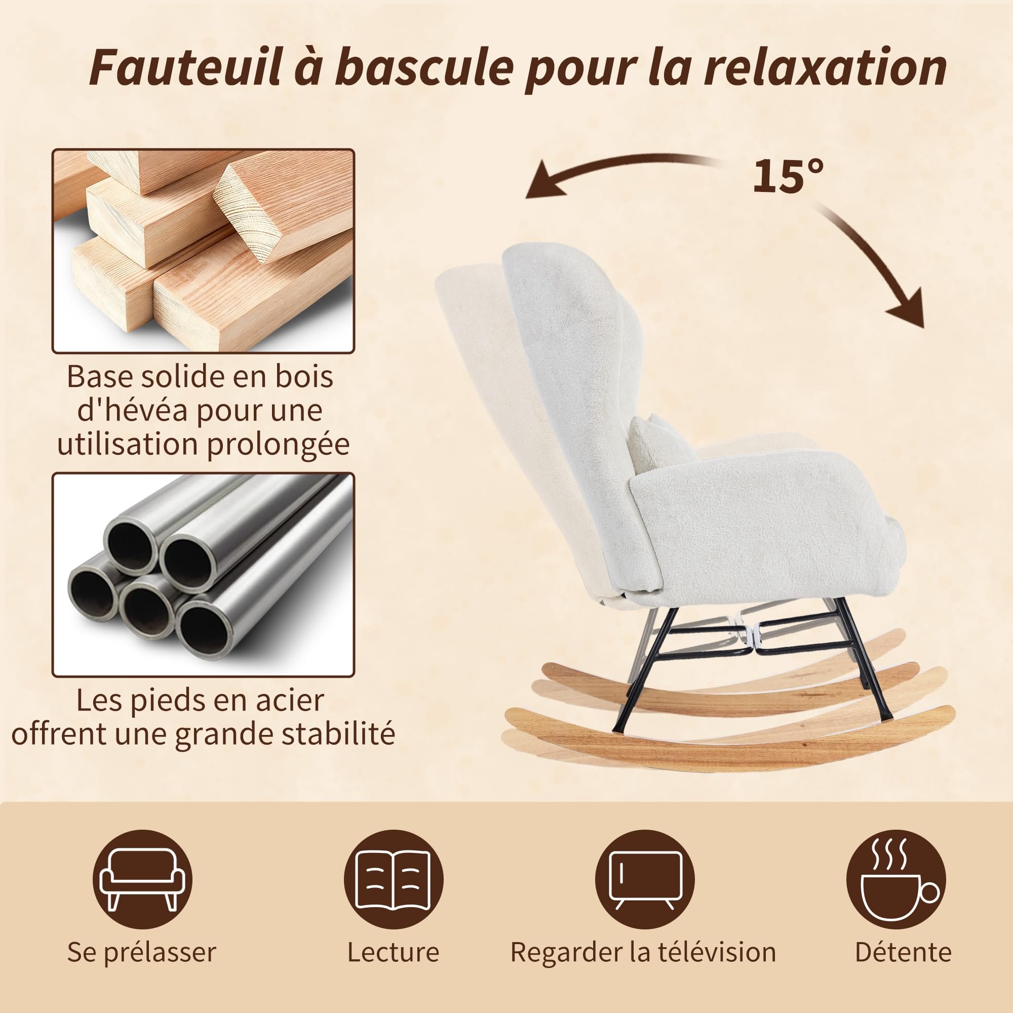 HOMCOM Fauteuil à Bascule, Rocking Chair en Velours, Chaise à Bascule avec Coussin, Assise rembourré, Dossier Haut, accoudoirs, Pieds en Acier et Base en Bois d'hévéa, pour Salon, Chambre, Blanc