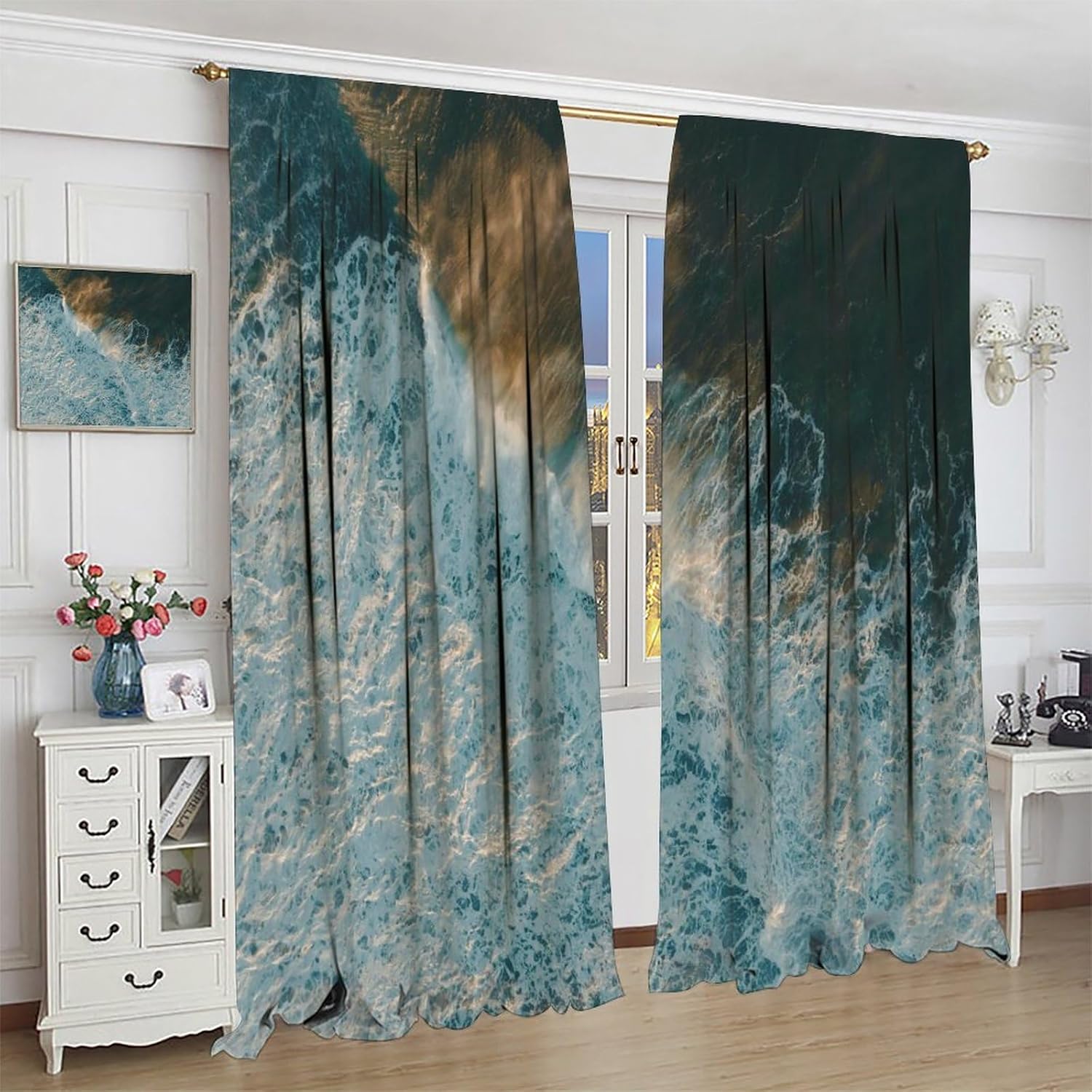 Ocean Wavy Curtains, Ocean Wave Art Blue and Green Ocean Themed Curtains Room Bedroom Blackout Curtains 42x54in