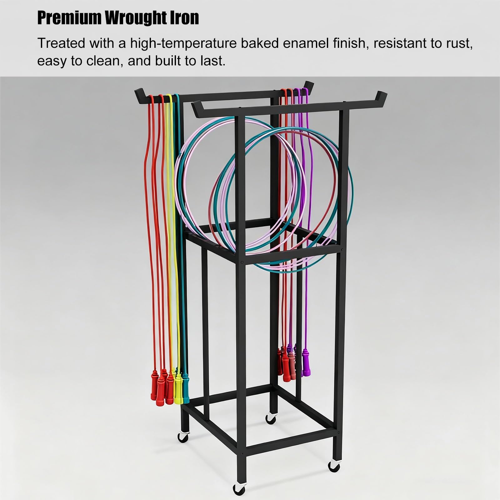 Hula Hoop Wielofunkcyjny uchwyt na obrożę, metalowy stojak na kółkach gimnastycznych, organizator Hula Hoop i skakanka.