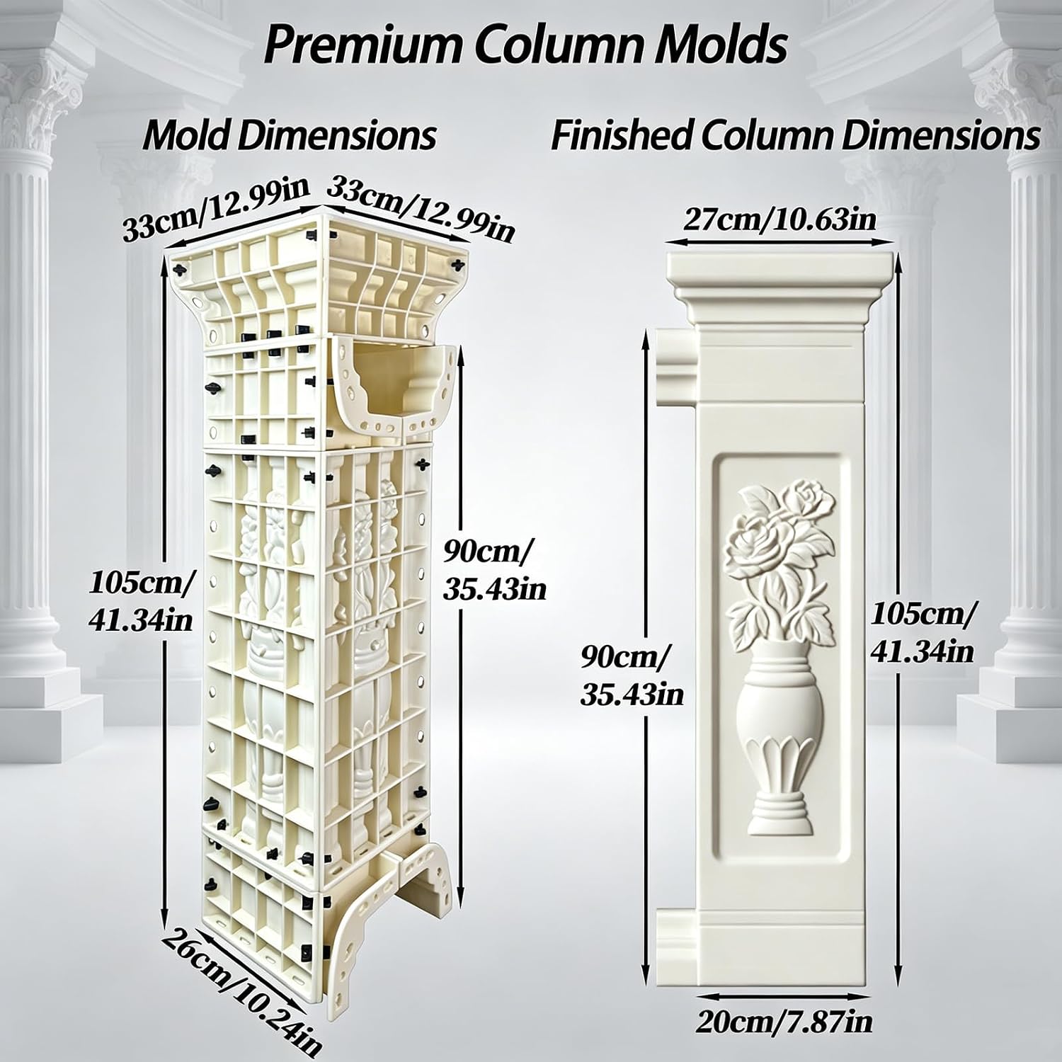 105cm Balcony Spacer Column Mold, Heavy‑Duty Thickened ABS Cast‑in‑Place Concrete Mould, Compatible with 90cm Balcony Railing Molds for Patio DIY Construction (Chrysanthemum)