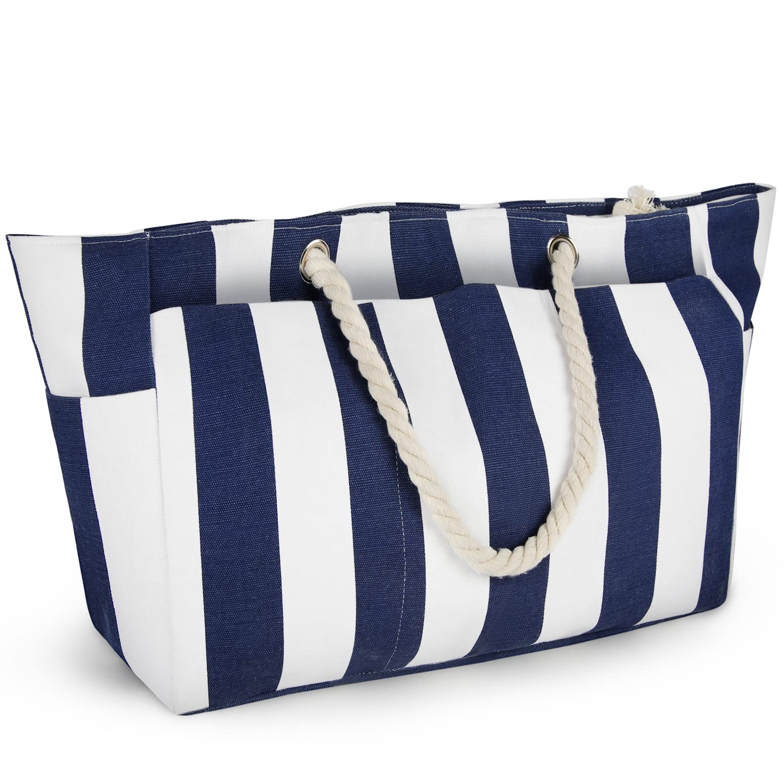 Lubardy Bolsa Playa Grande XXL Familiar Bolso de Playa Mujer Impermeable Lienzo con Cremallera Bolso Shopper Mujer Sencillo, Rayas Azules y Blancas