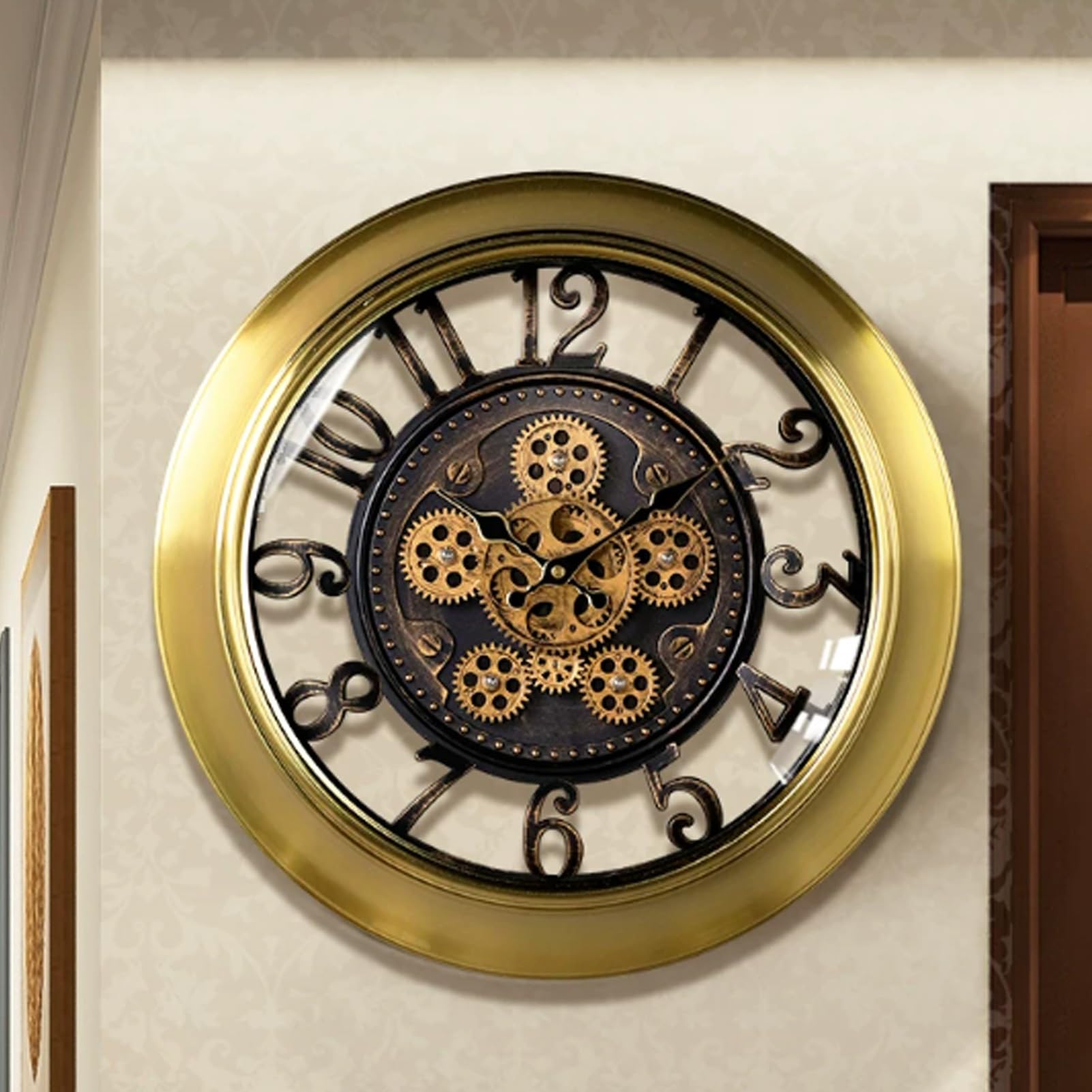 Duży, 18-calowy zegar dekoracyjny w stylu retro industrialnym do salonu, cichy, nietykający, zasilany bateriami, metalowy zegar steampunk do domu, biura, kuchni (złoty, 46 cm/18,1 cala)