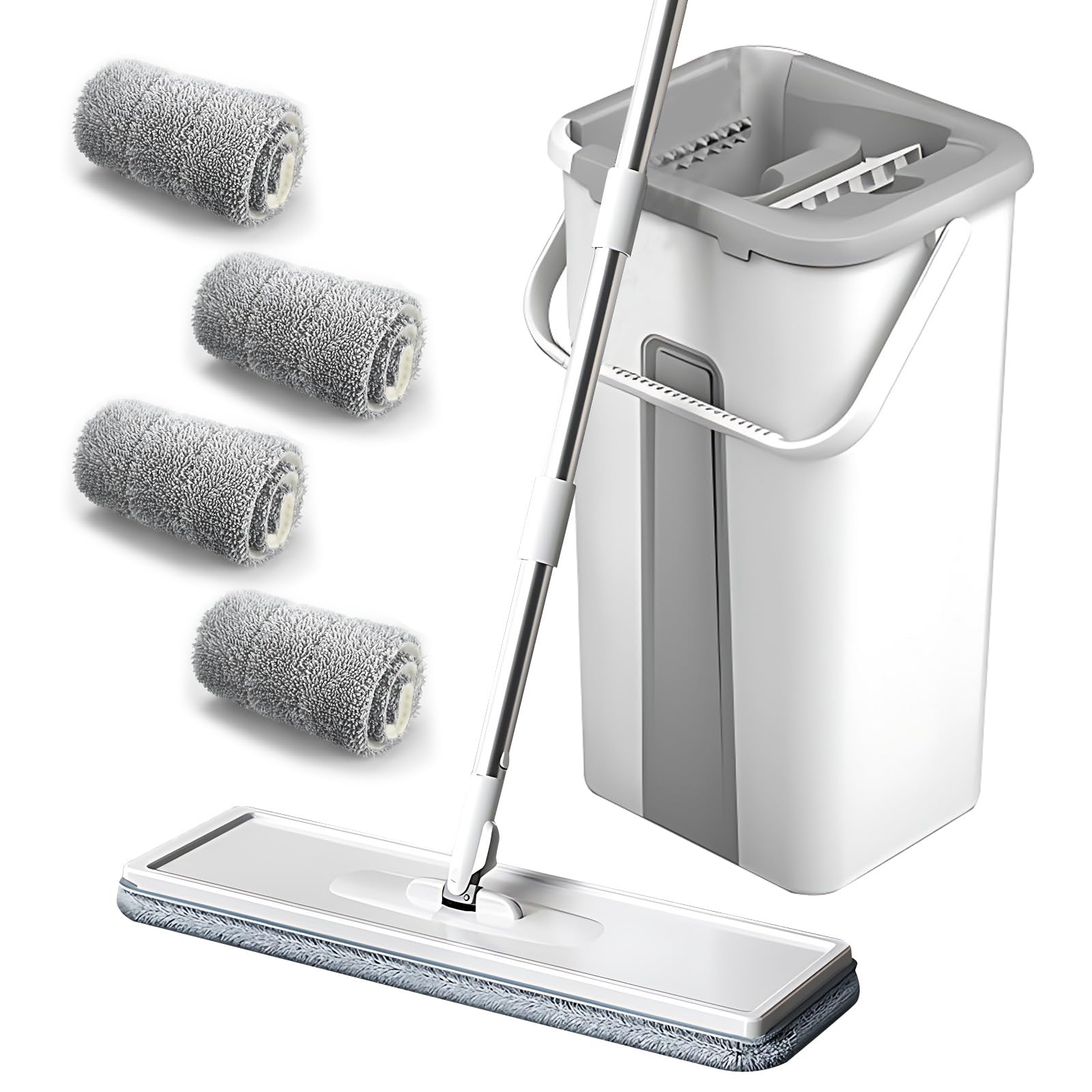 Hsyan Wischmopp und Eimer mit Auswringer-Set, freihändiger Flacher Bodenwischer und Eimer, mit 4 waschbaren Mikrofaser-Pads, Nass- und Trockengebrauch, Bodenreinigungssystem