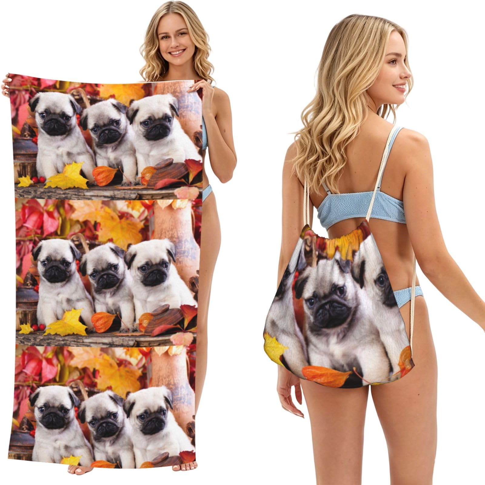 Poadnly Puppys Pug, 2 in 1 Packable Towel Bag, Beach Towels with Drawstring Backpack for Travel Holiday Camping