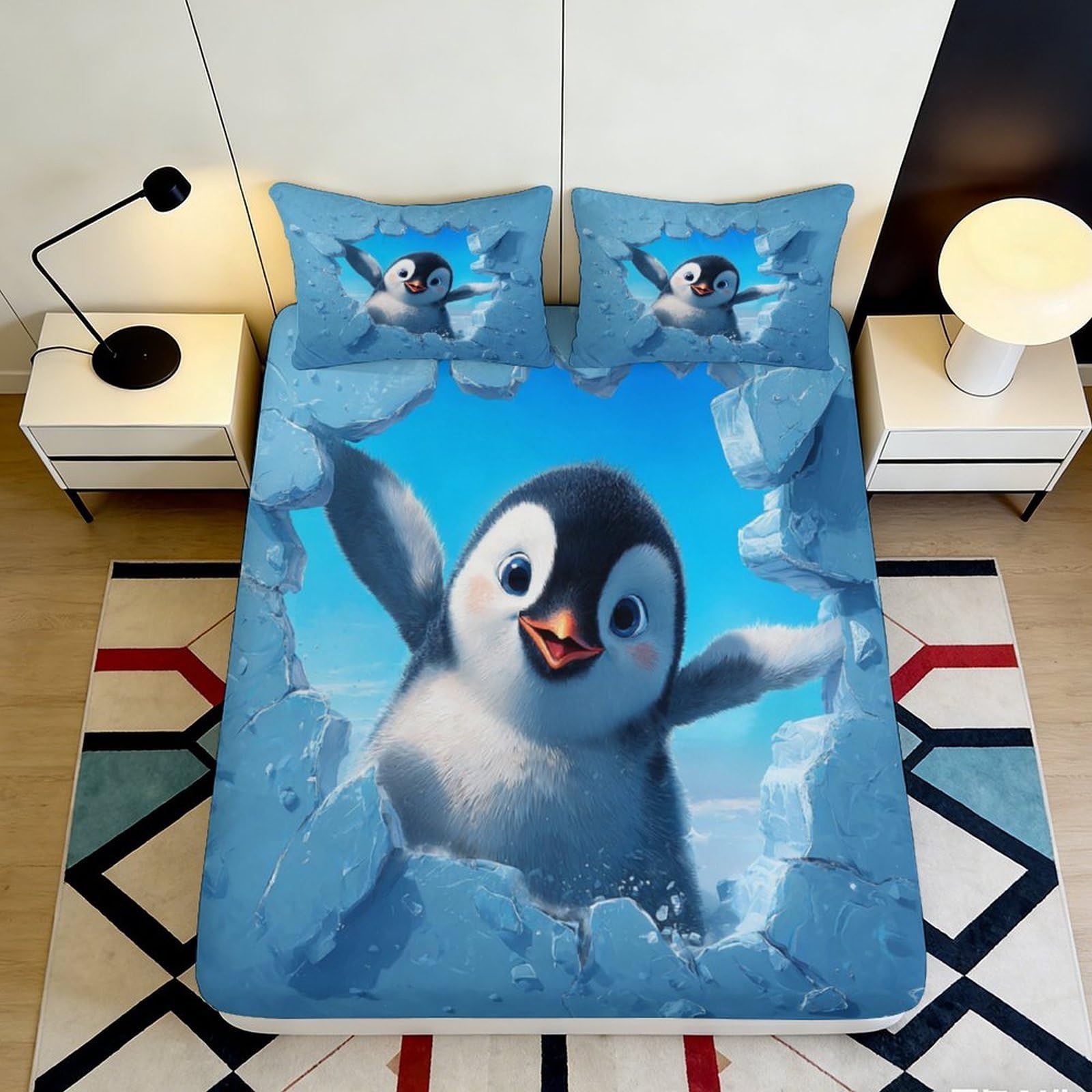 3D Printed Cute Penguin Fitted Sheet Microfiber Soft Blue Ice Scene Bed Cover for Bedroom Guest Room Decor 90x200x25cm