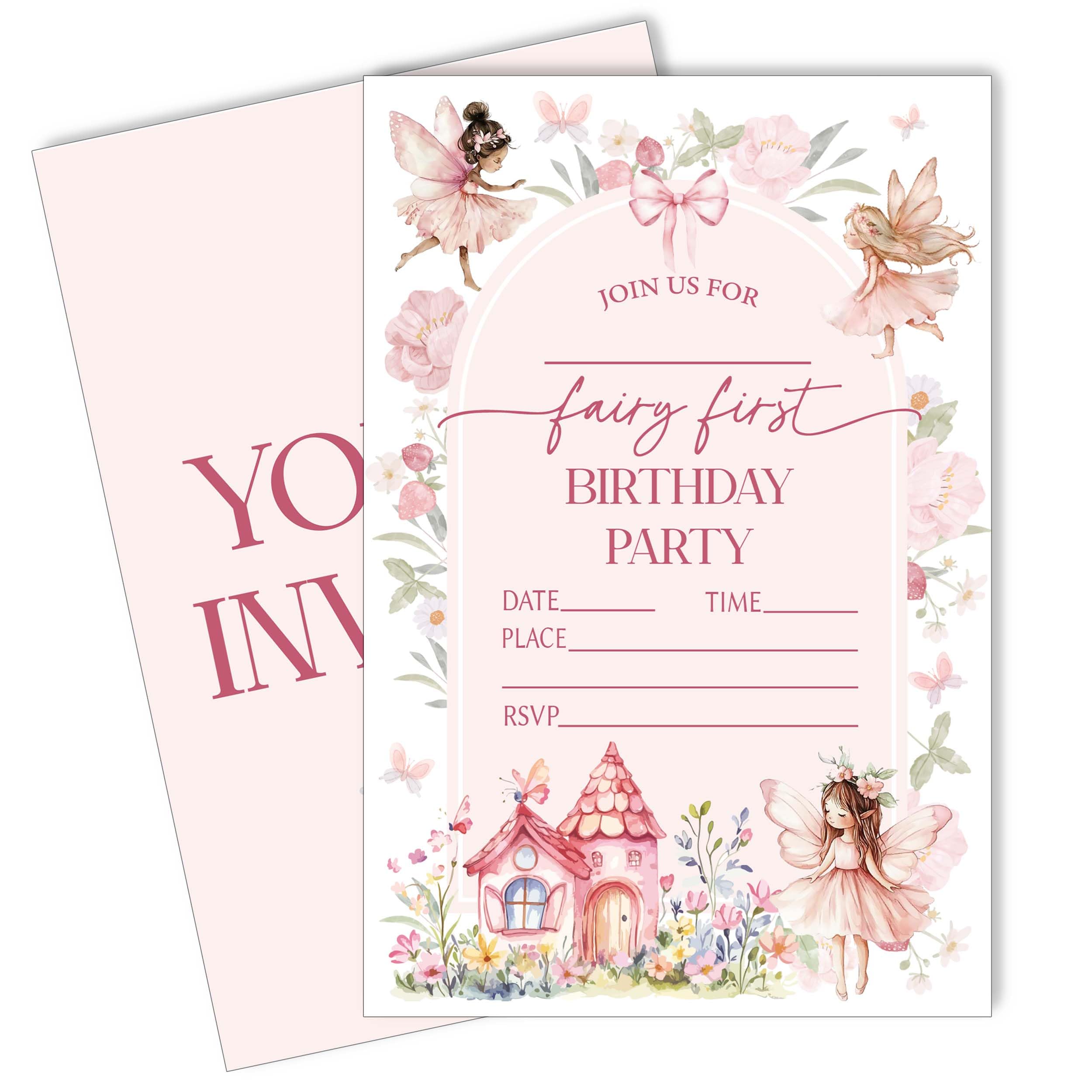 Ogleqoo Fairy First Birthday Invitation, Girls Birthday Party Invite, 4x6 Garden Fairy Invitation for Girls, 20 Fill In Style Cards with Envelopes,