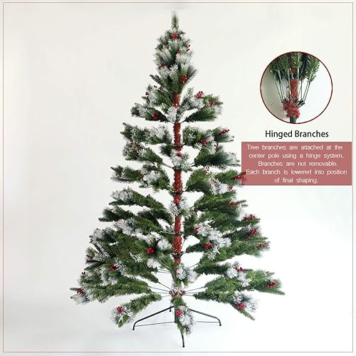 Miniatura 6 de Árbol de Navidad artificial flocado de 7.5 pies, árbol de Navidad nevado con bisagras de color verde festivo con piñas y bayas rojas, árbol de