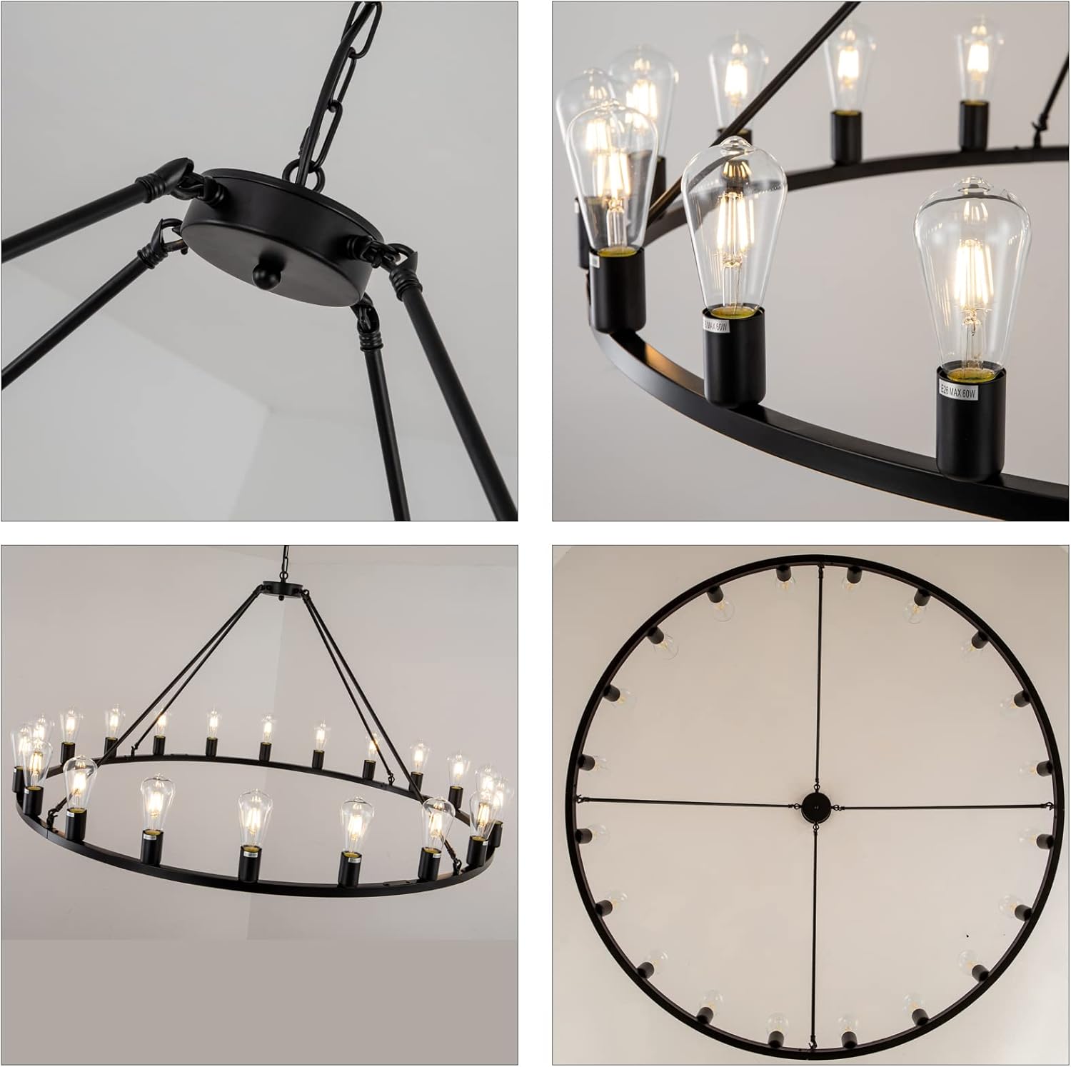48” 20-Light Extra Large Wagon Wheel Chandelier, Round Black Rustic Farmhouse Chandelier Light Fixture for High Ceiling Living Room Dining Room Stairs Foyer- Adjustable Height Metal E26