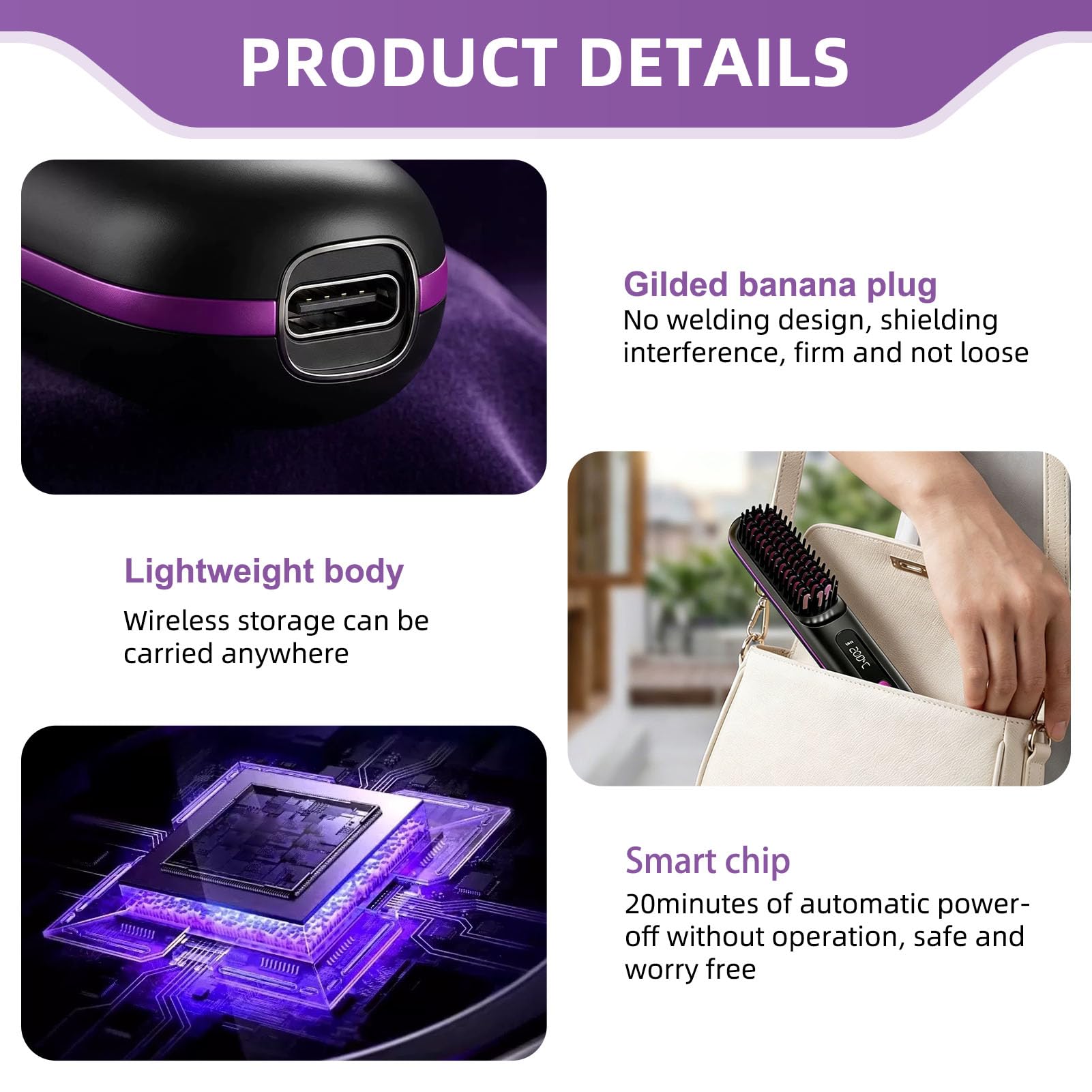 Brosse Chauffante Sans Fil Portable Mini Lisseur Cheveux Court Barbe | avec 3 Températures affichage LCD Peigne Lissant Céramique Anti-Brûlure pour Voyage Retouches Rapides Femme All Hair Type
