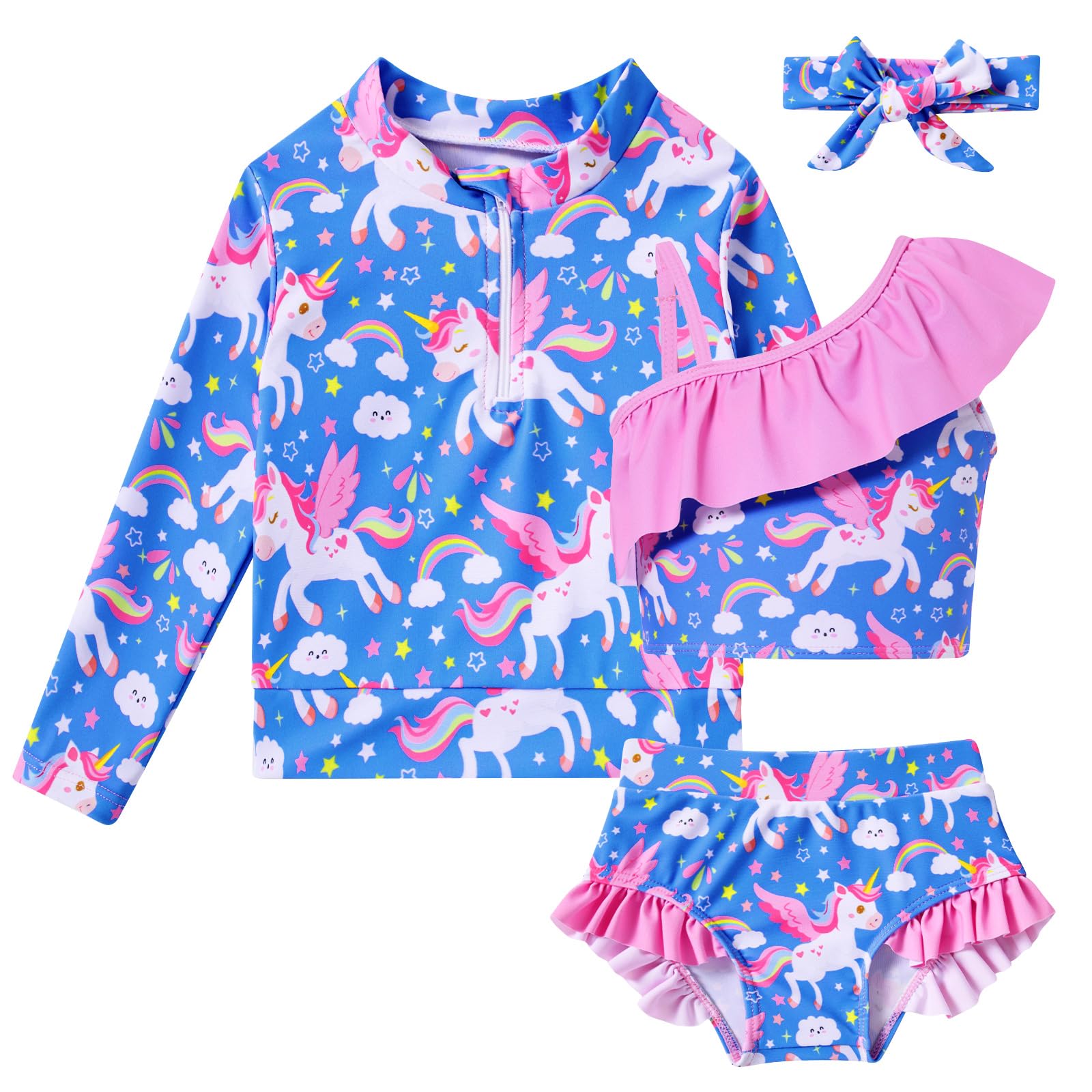 Funnycokid Baby Toddler Girls Swimsuit 4 Piece Bathing Suit Long Sleeve Rash Guard Sets 12 Months-7 Years