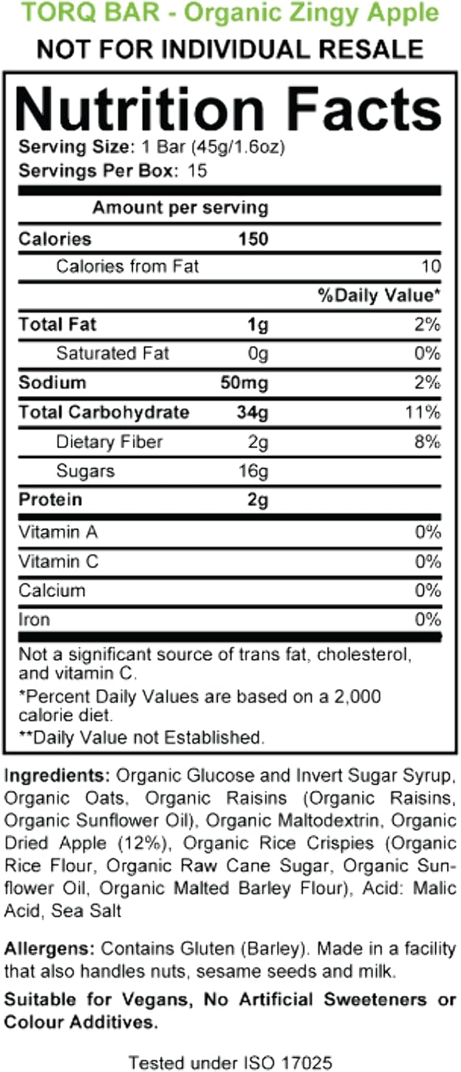 TORQ Organic Energy Bar - Zingy Apple - Box of 15