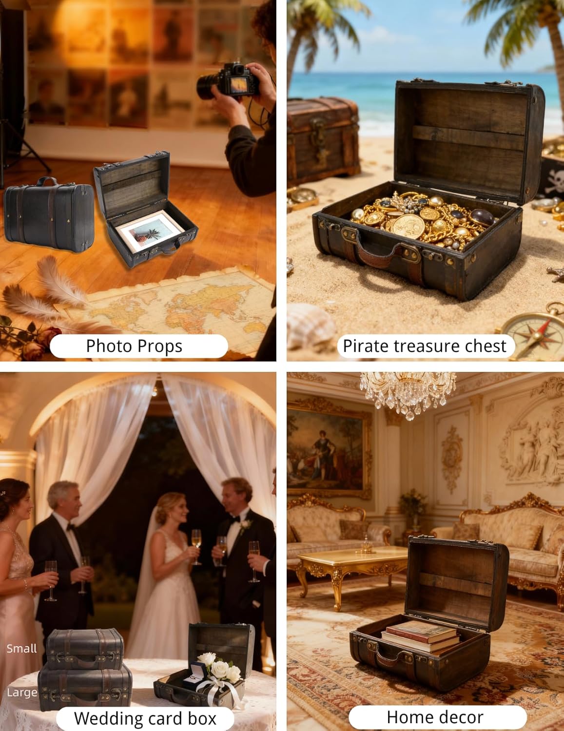 Wooden Suitcase, Distressed Vintage Suitcase with Solid Handle,Versatile Keepsake Trunk & Treasure Chest for Photo Props, Home Decor, and Bridal Displays (10.4"x5.9"x8.26")