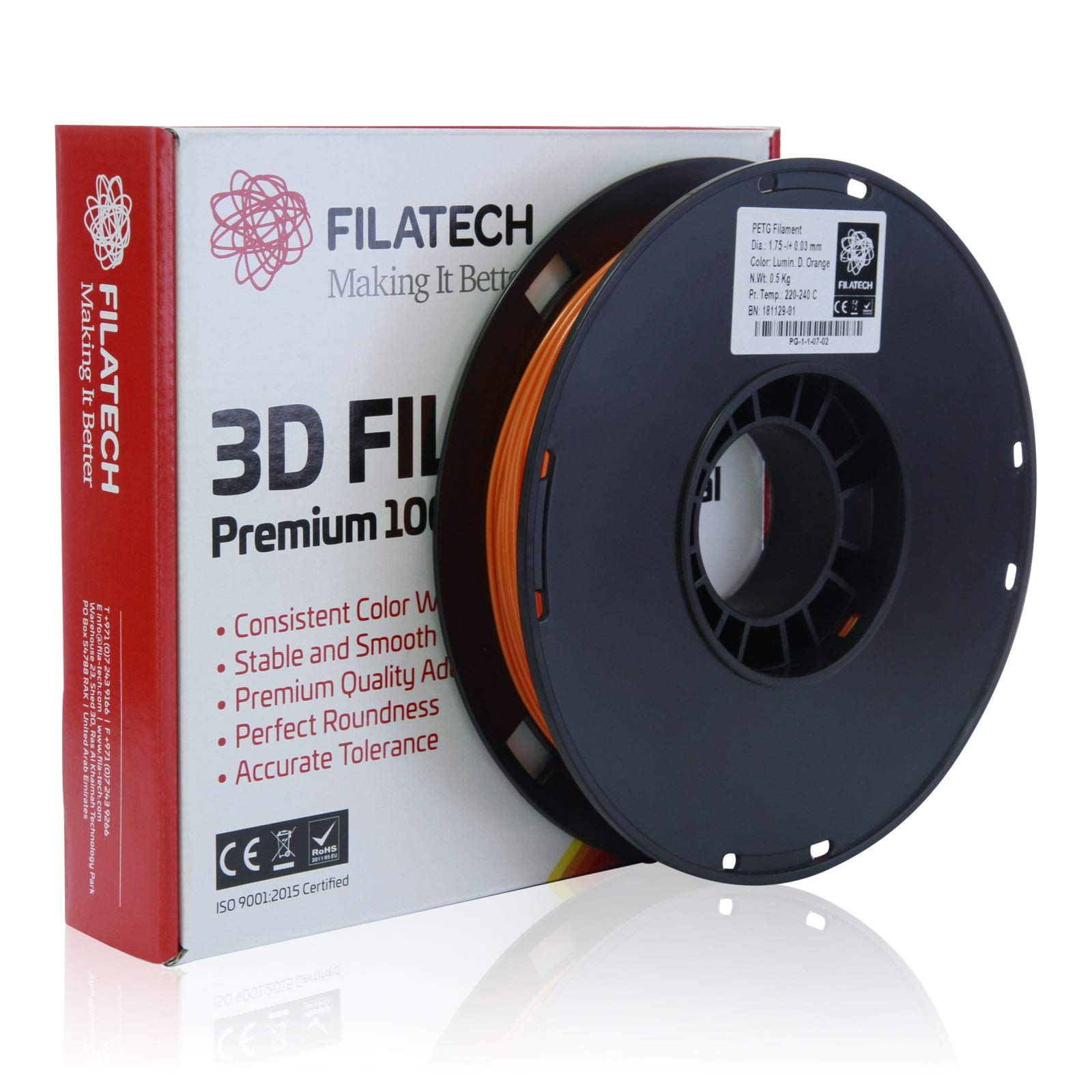 Filatech PETG Filament, Lum. D. Orange, 1.75mm, 0.5KG