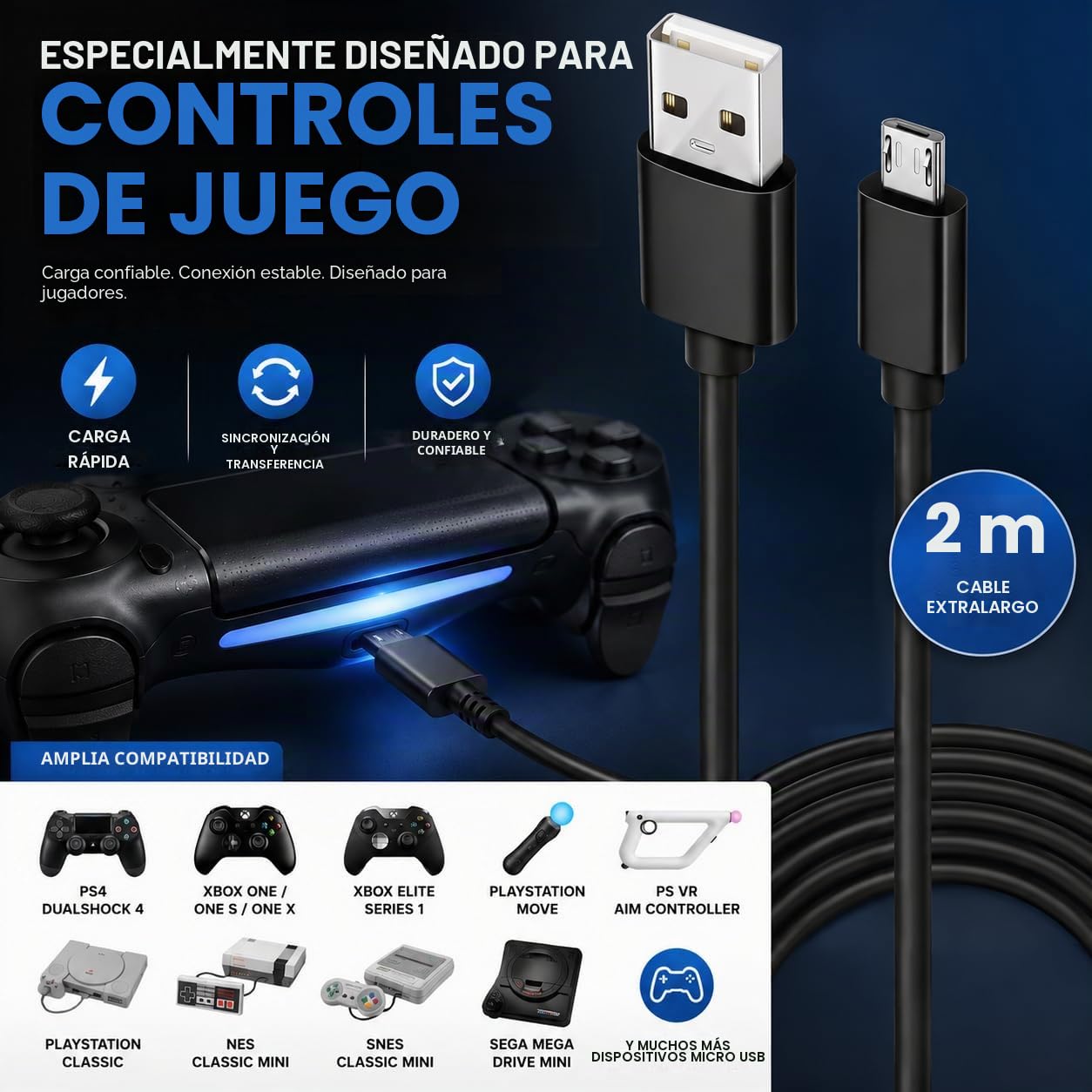 Dragon Trading Cable USB 2 m Carga Rápida para Mando PS4 DualShock 4 y Xbox One – Play & Charge, Largo y Resistente, Compatible con Carga en Modo Reposo