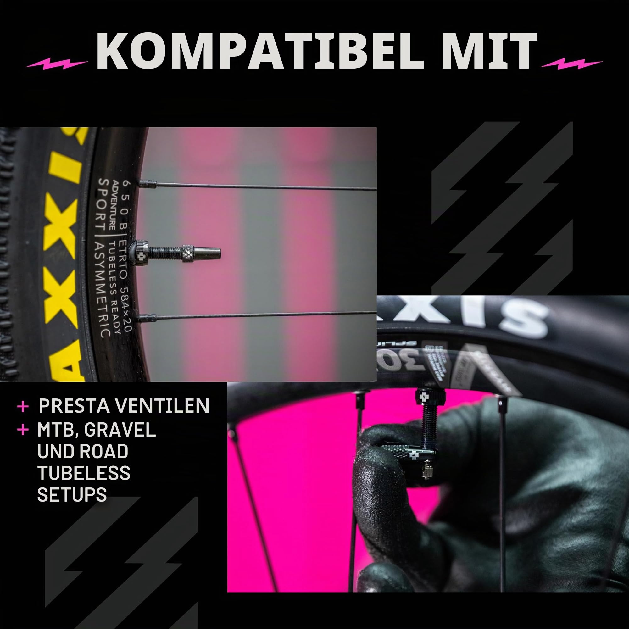 Muc-Off Schwarze Presta Tubeless Ventile, 44 mm - Hochwertige Anti-Leck Fahrradventile mit integriertem Werkzeug zum Entfernen des Ventilkerns