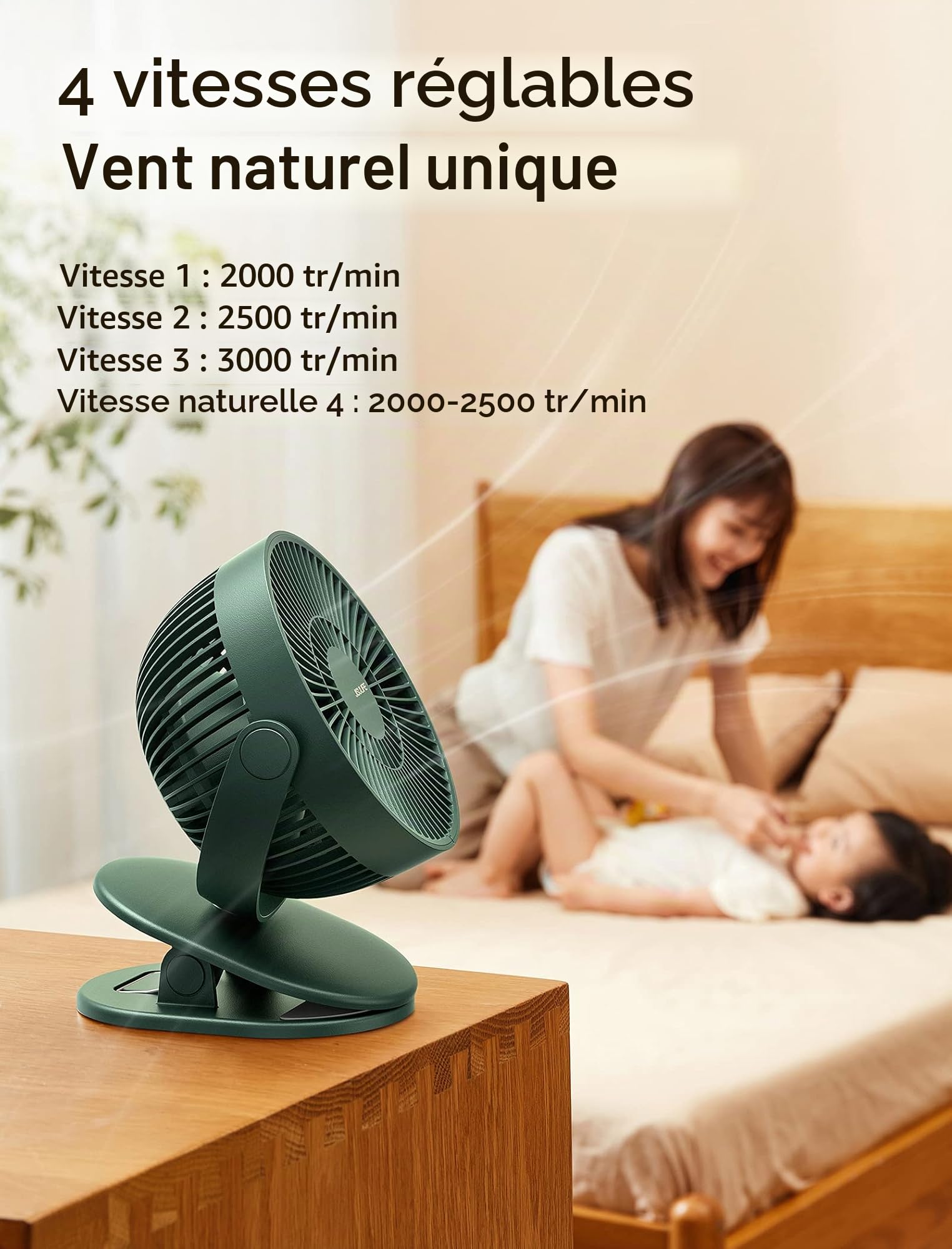 JISULIFE Mini Ventilateur à Pince, Petit Ventilateur USB avec Batterie Rechargeable de 4000mAh, 4 Vitesses, Max 14 Heures, Petit et Silencieux pour Lit, Bureau, Poussette - Vert Foncé
