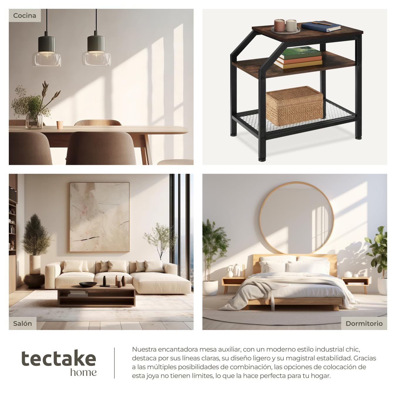 tectake® Mesa Auxiliar Madera y Acero, 2 Estantes, Mueble Auxiliar Salon, Dormitorio y Oficina, Decoracion Hogar, Mesitas de Noche - 58,5 x 36,5 x 59,5 cm Madera Industrial Oscura, Rústica